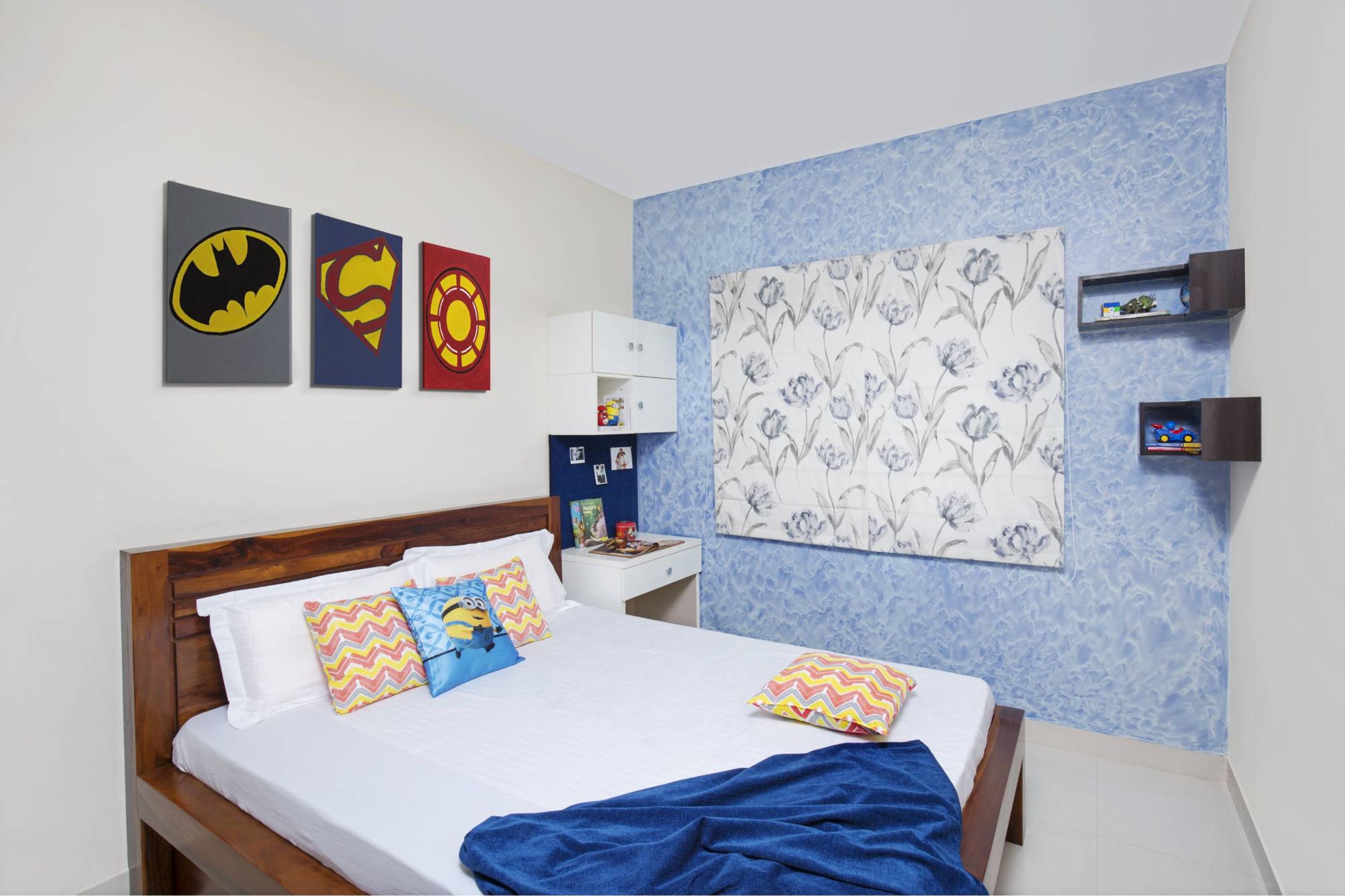 Modern Kids Room Design With Double Bed And A Study Desk