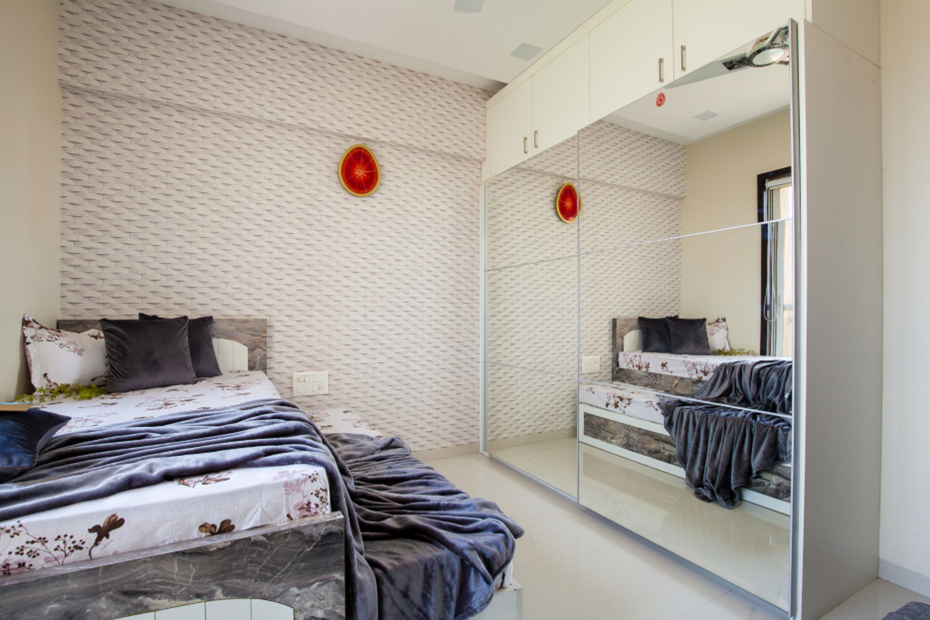 Modern Kids' Bedroom Design With A Textured Wallpaper For The Bed Back Wall