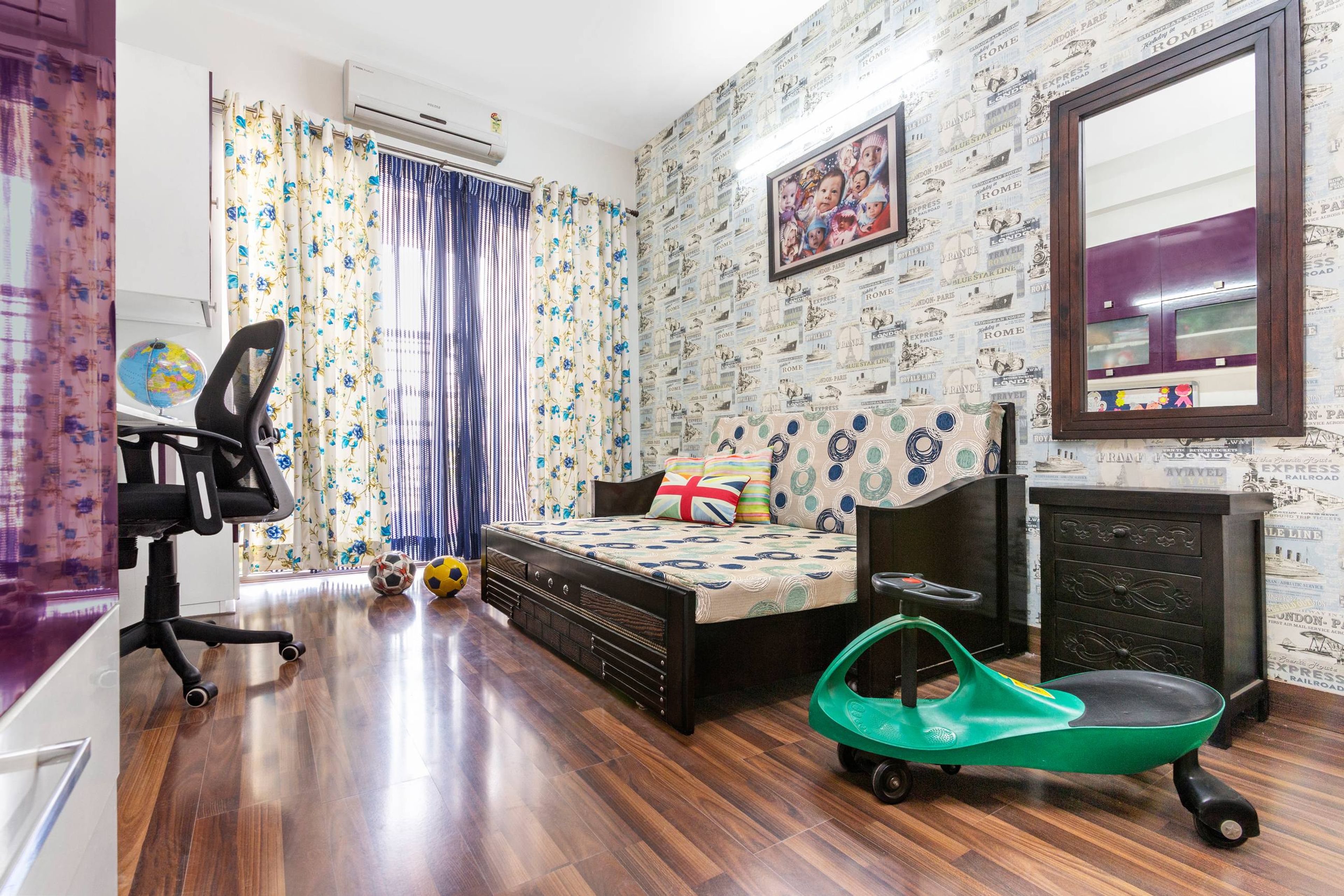 Modern Kids Bedroom Design With A Newspaper-Style Wallpaper