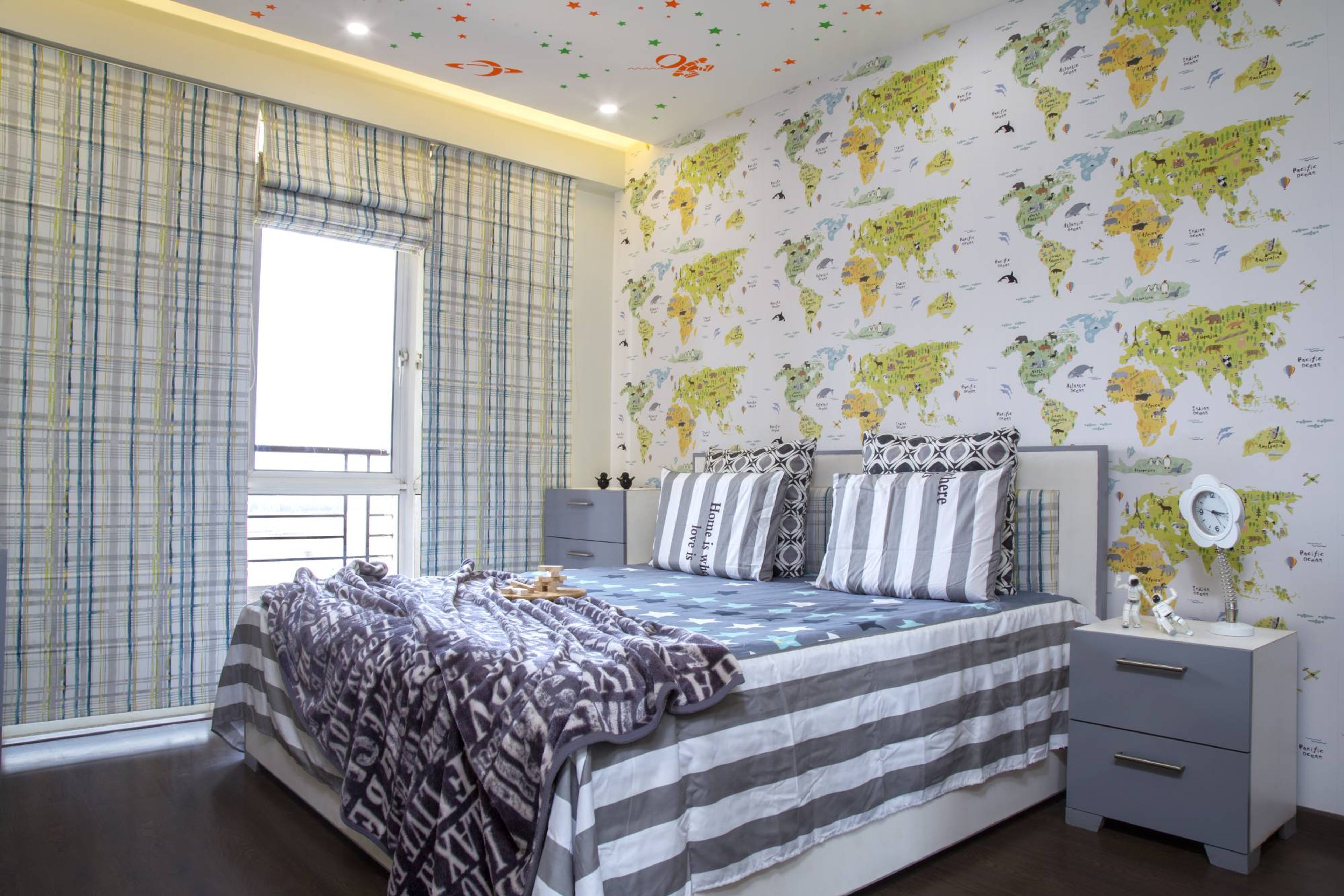 Modern Kids Bedroom Design With Double Bed And Twin Study Units