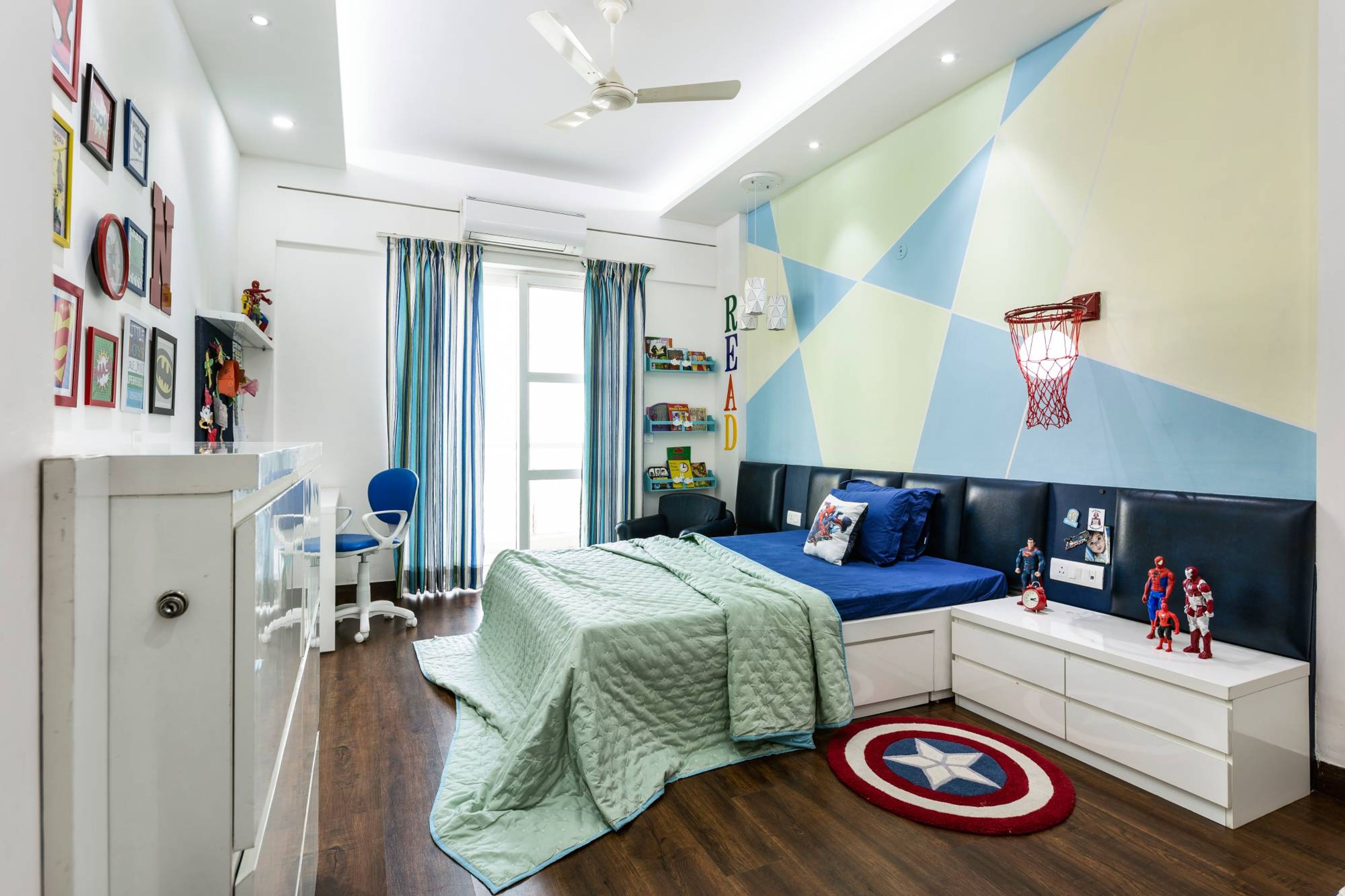 Modern Kids Bedroom Design With Wall Shelves And Closed Storage Cabinets