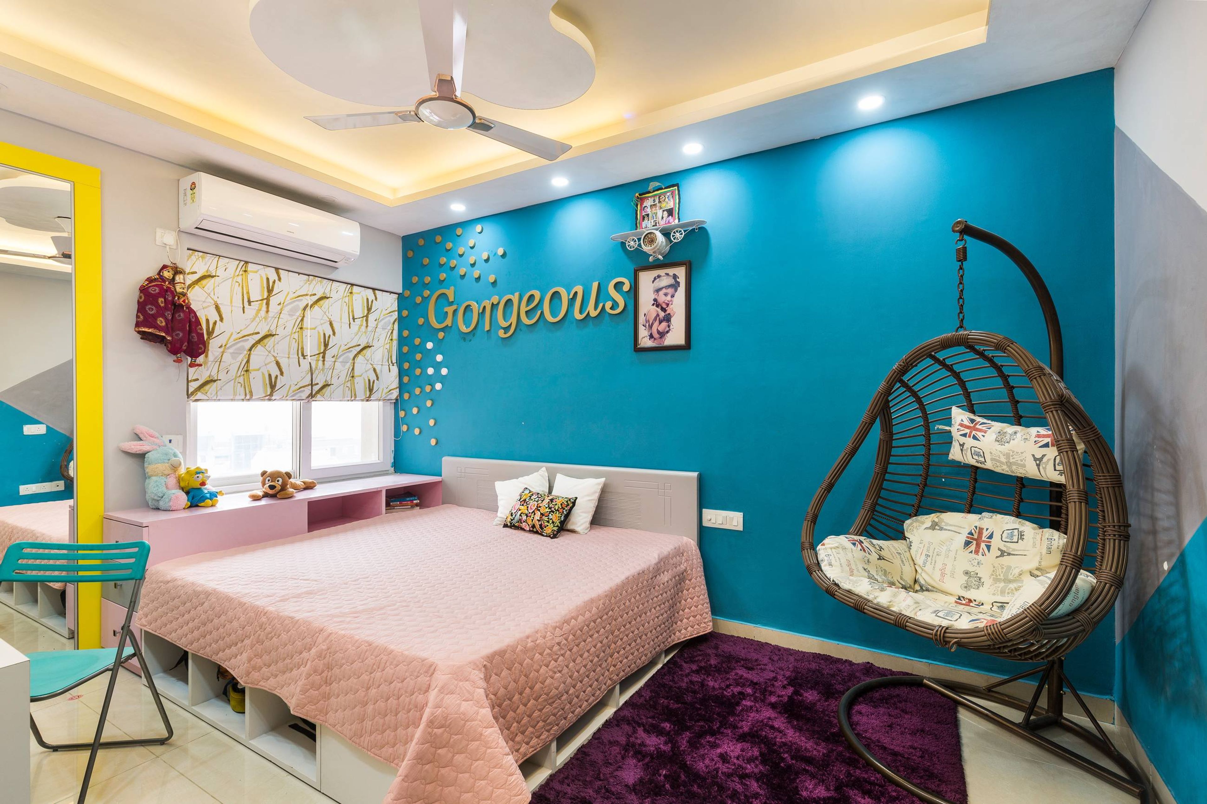 Modern Kids Bedroom Design With A Double Bed And A Floor Swing