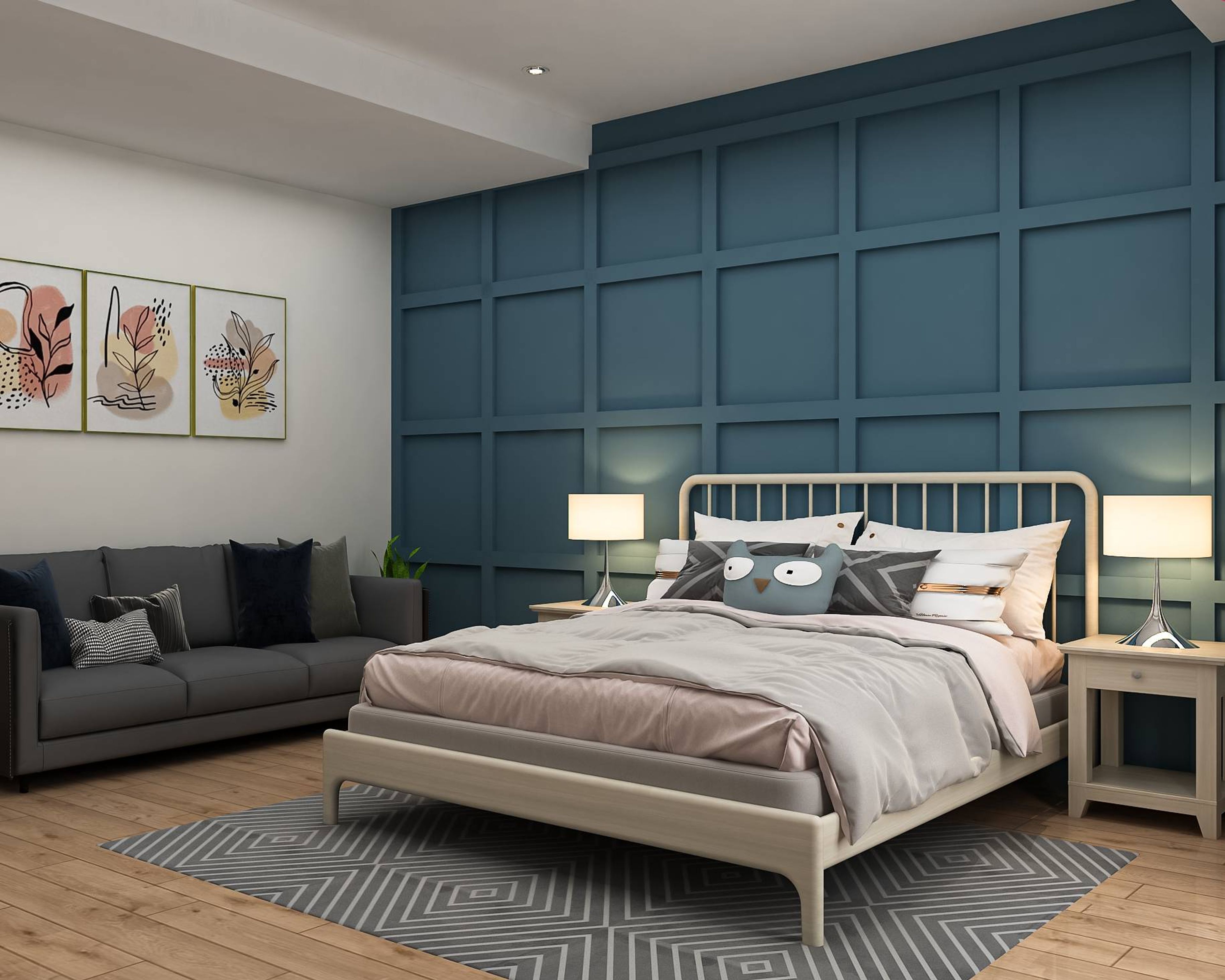 Modern Kids Room Design With Teal Blue Walls And Surface Lighting