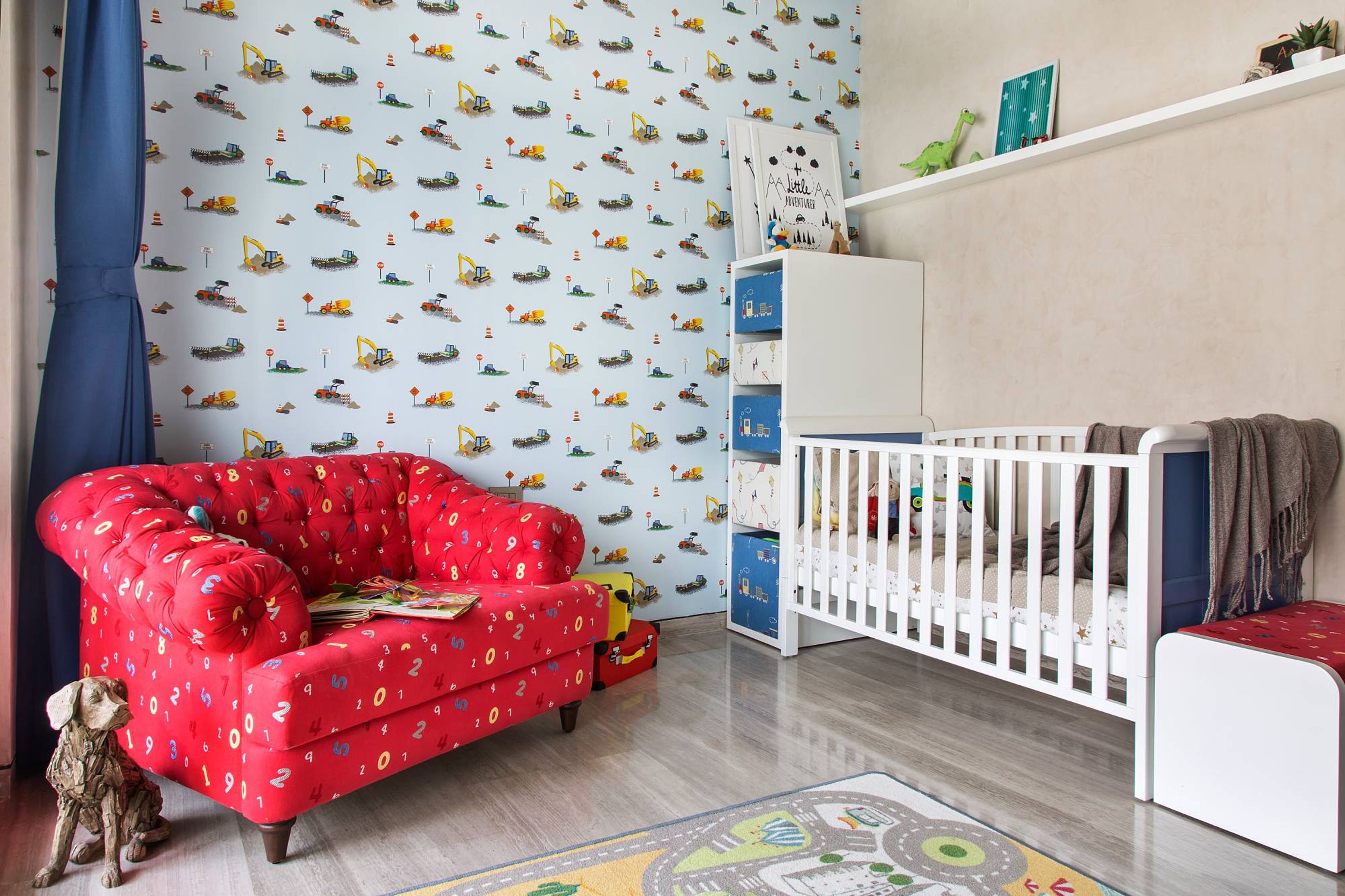 Modern Kids Room Design With A White Crib And Storage Units