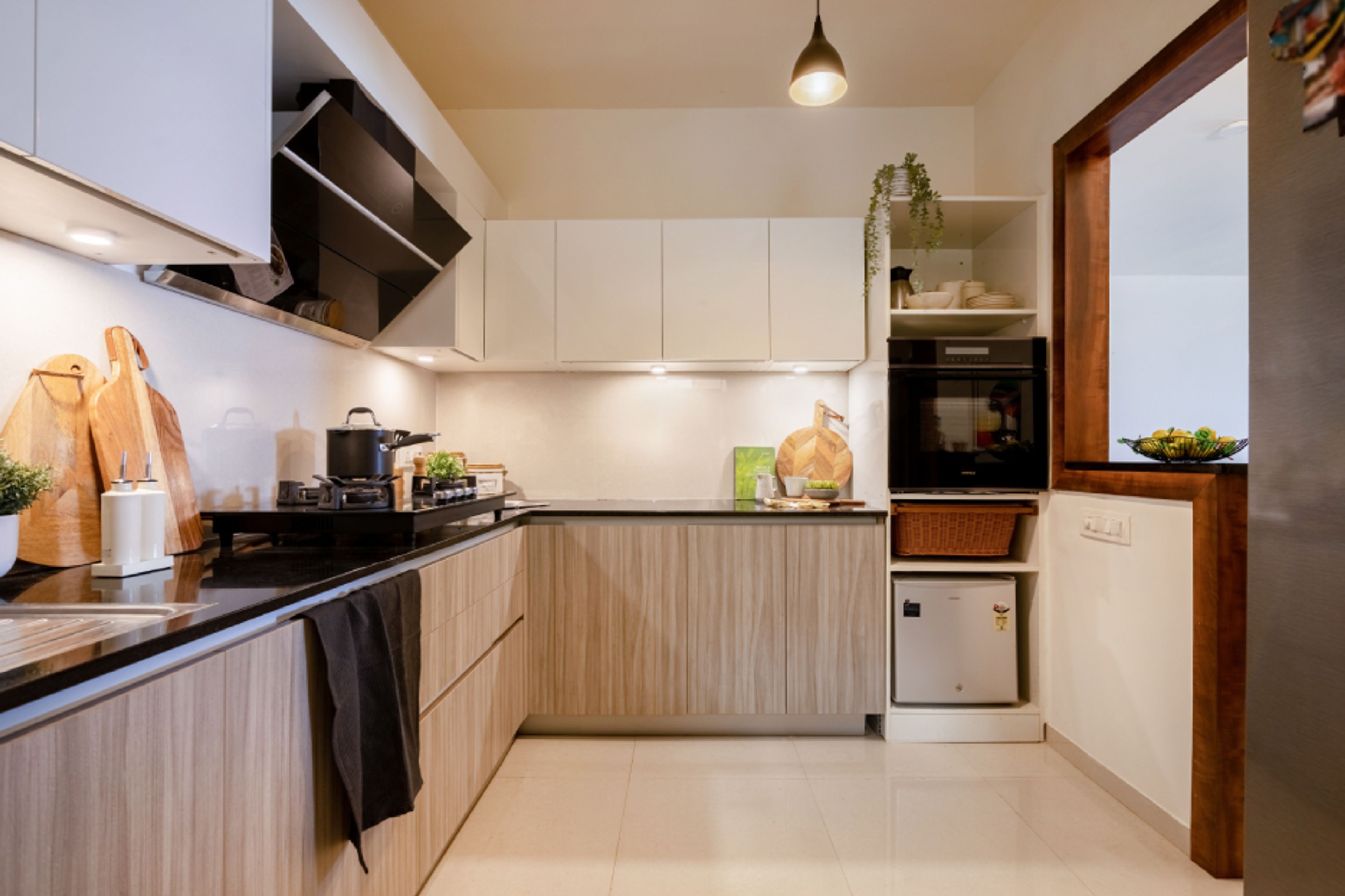 Contemporary White And Beige L-Shaped Modular Kitchen Cabinet Design