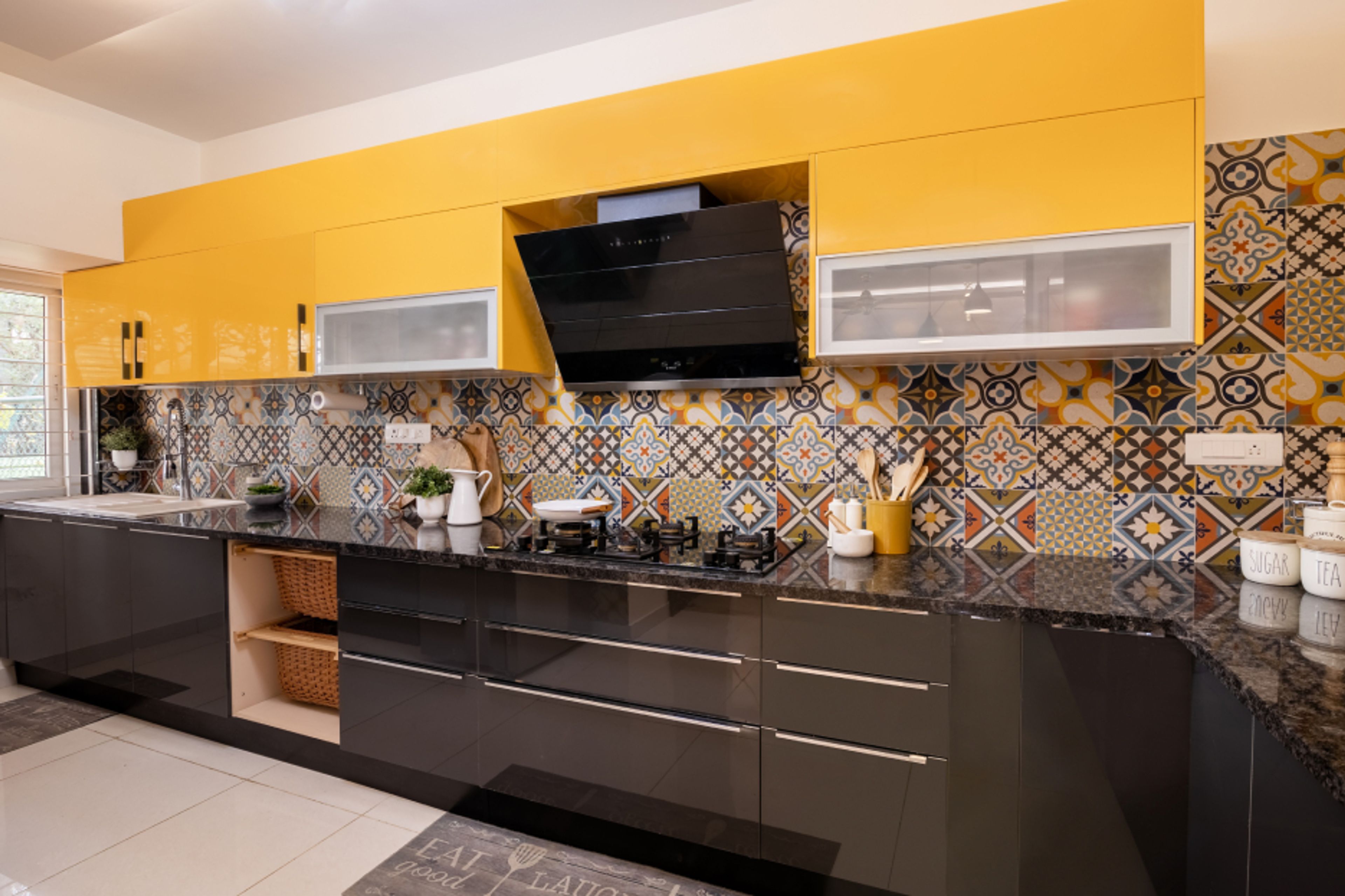 Classic Modular L-Shaped Kitchen Cabinet Design With Yellow Loft Units