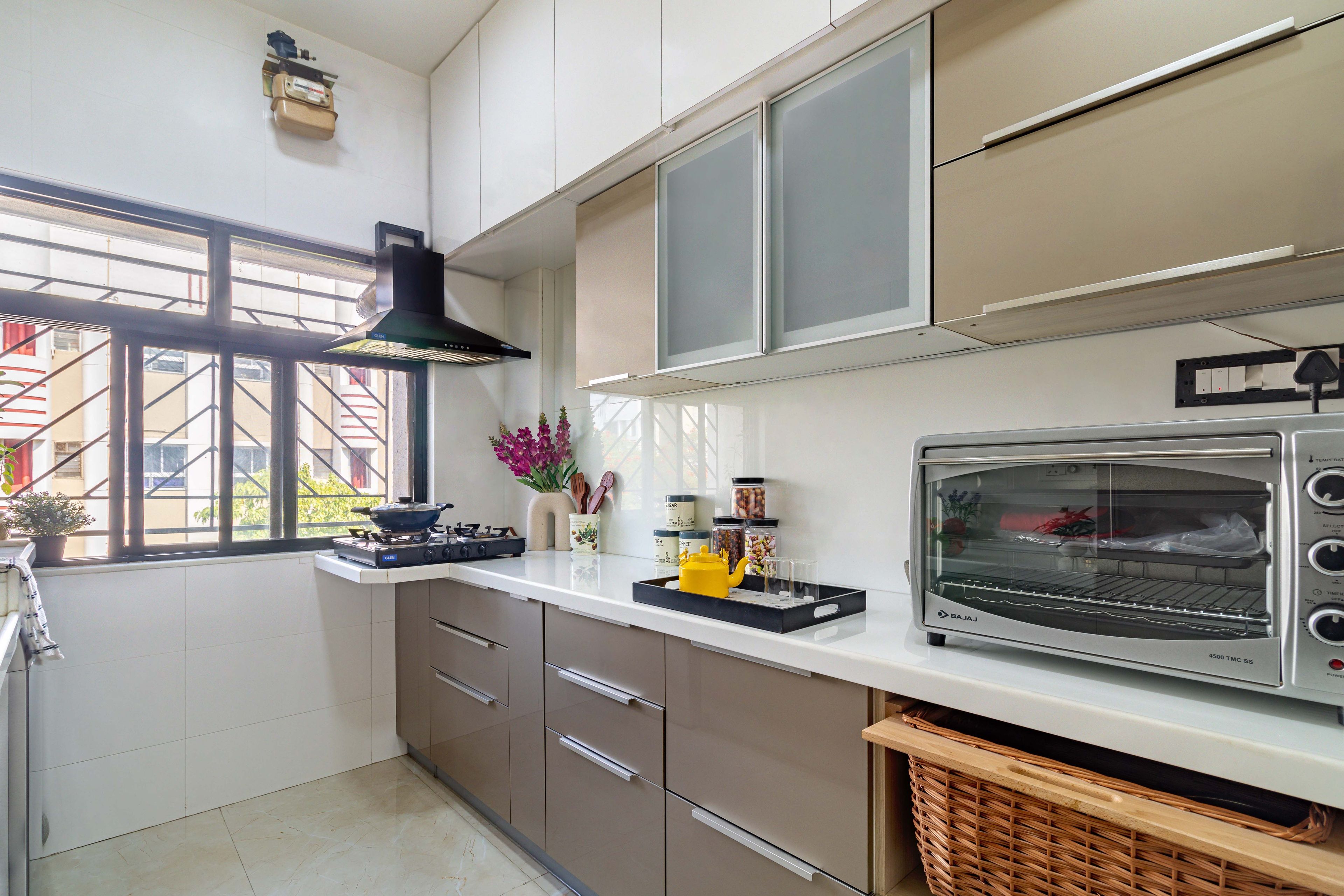 Modern Parallel Kitchen Design With A Wicker Basket For Storage