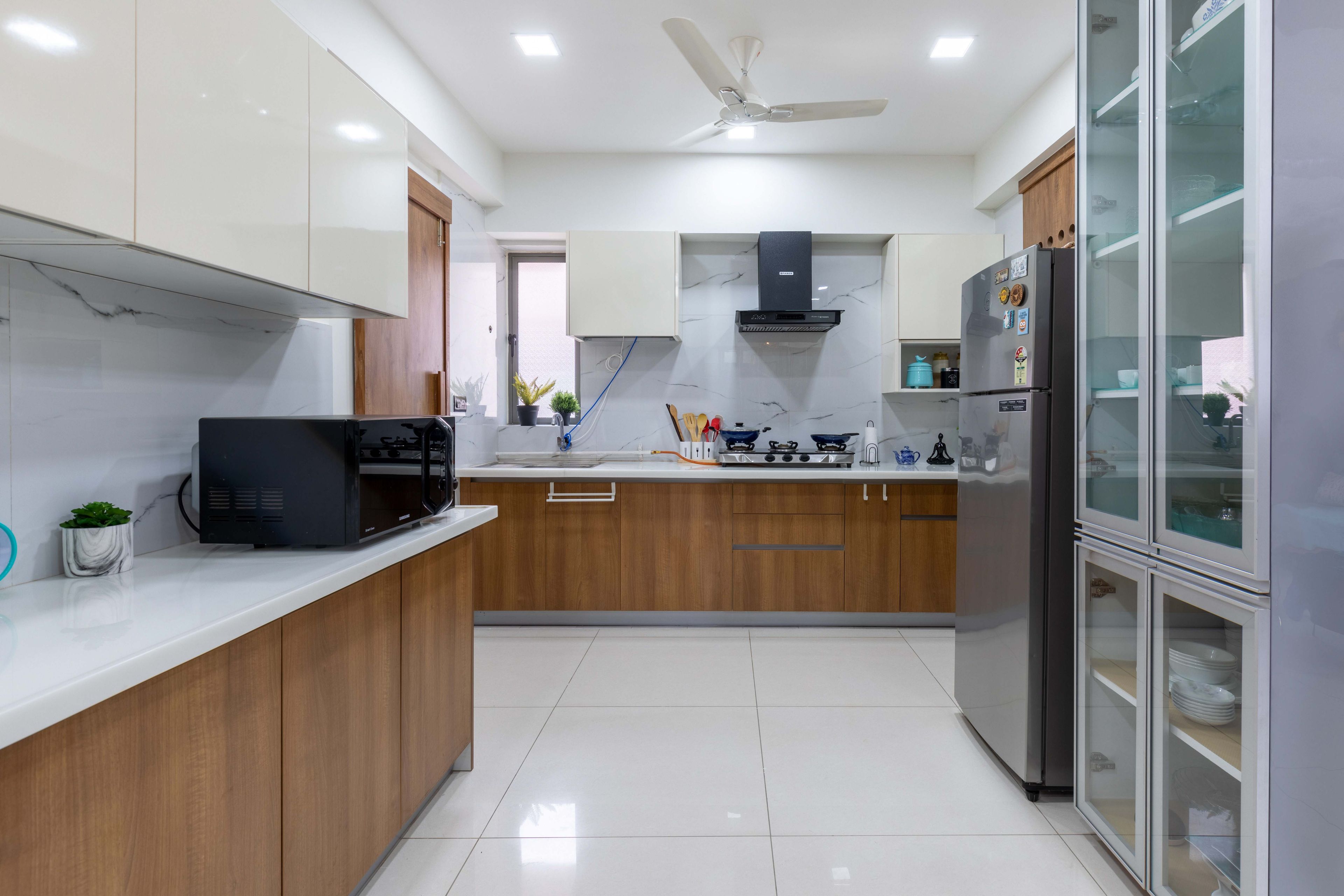 Modern Straight Kitchen Design With Wooden Storage Cabinets