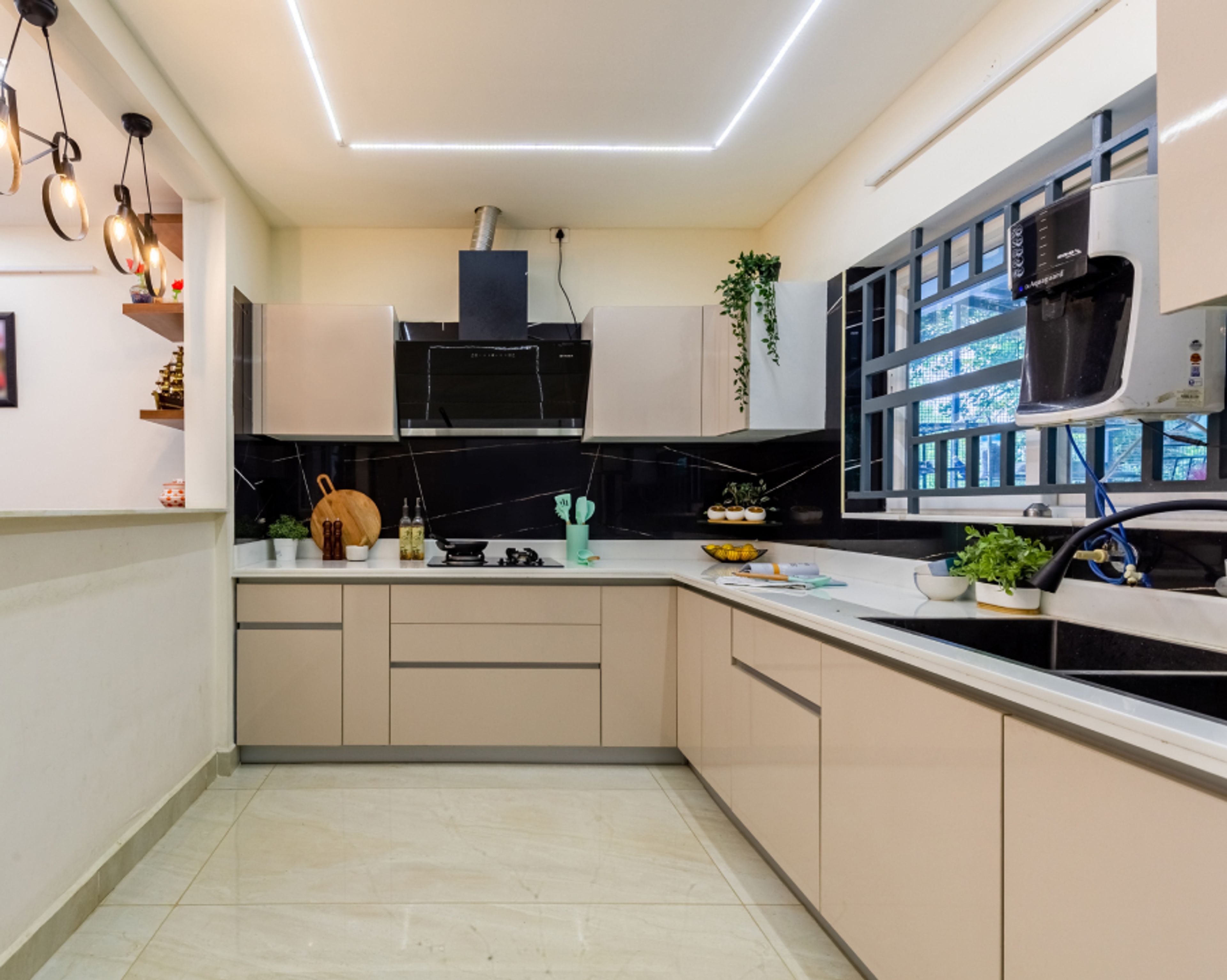 Contemporary Modular L-Shaped Kitchen Cabinet Design With Spacious Beige Storage Cabinets