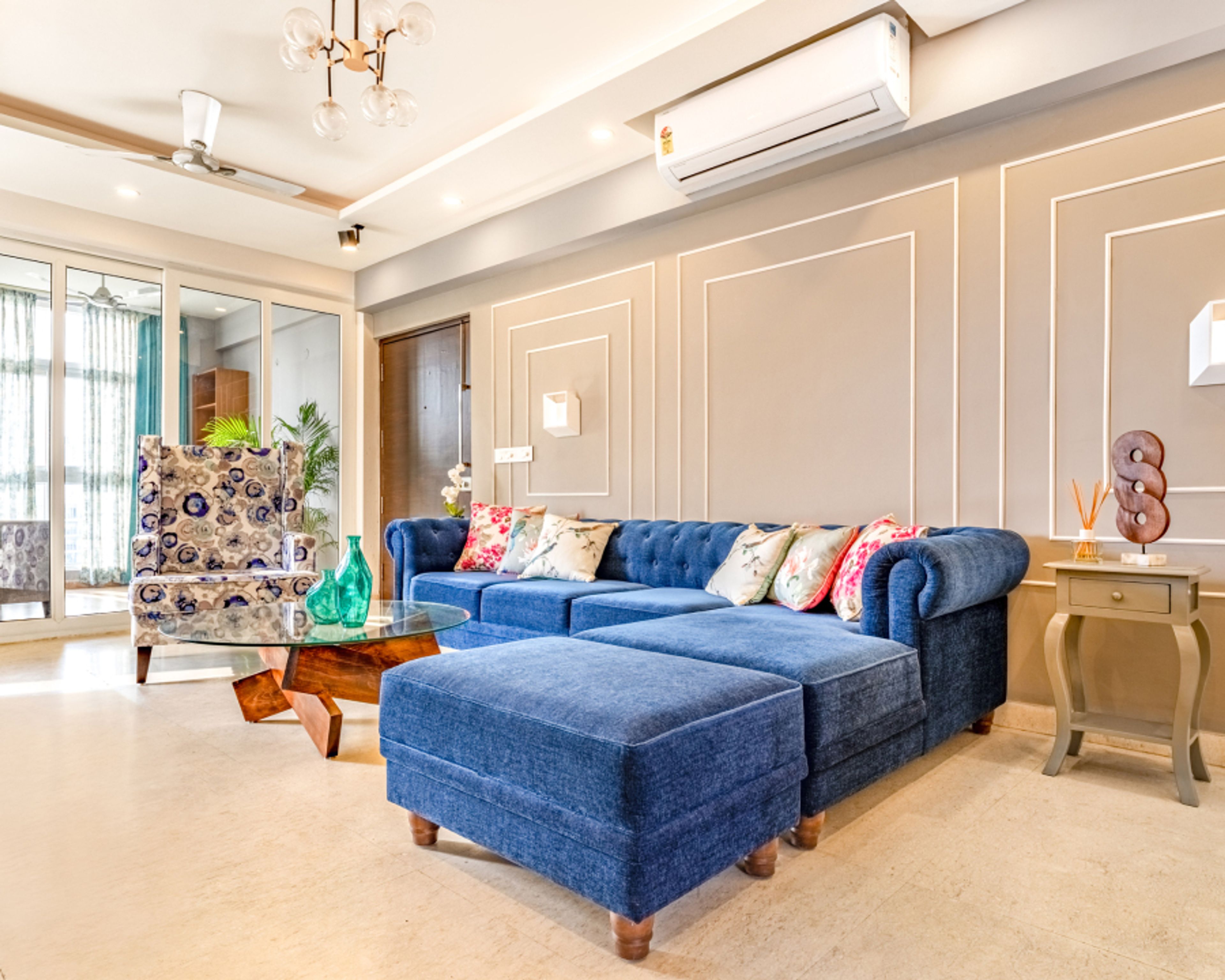 Living Room With Blue Sofa - Livspace