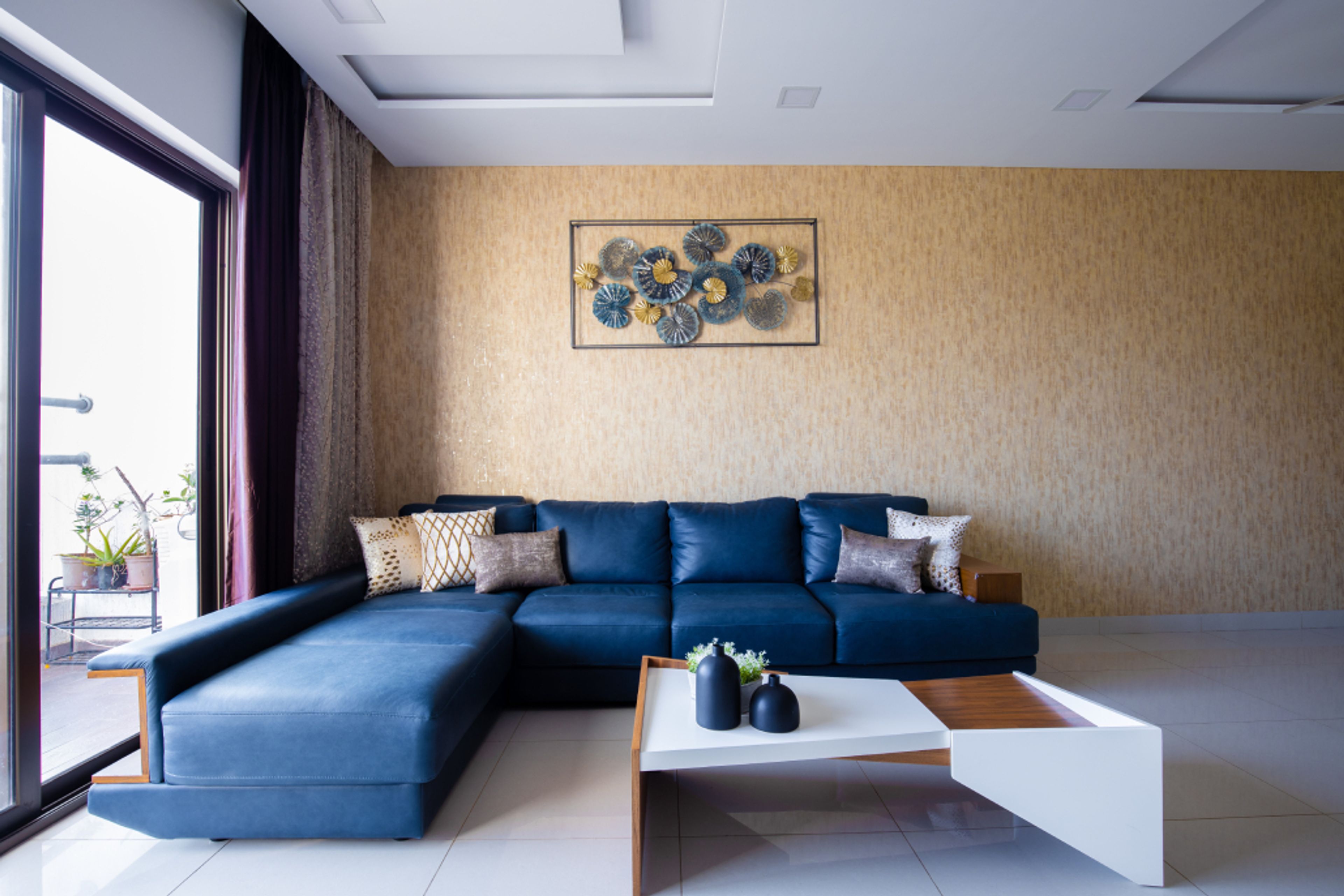 Living Room Design With Wall Mural - Livspace