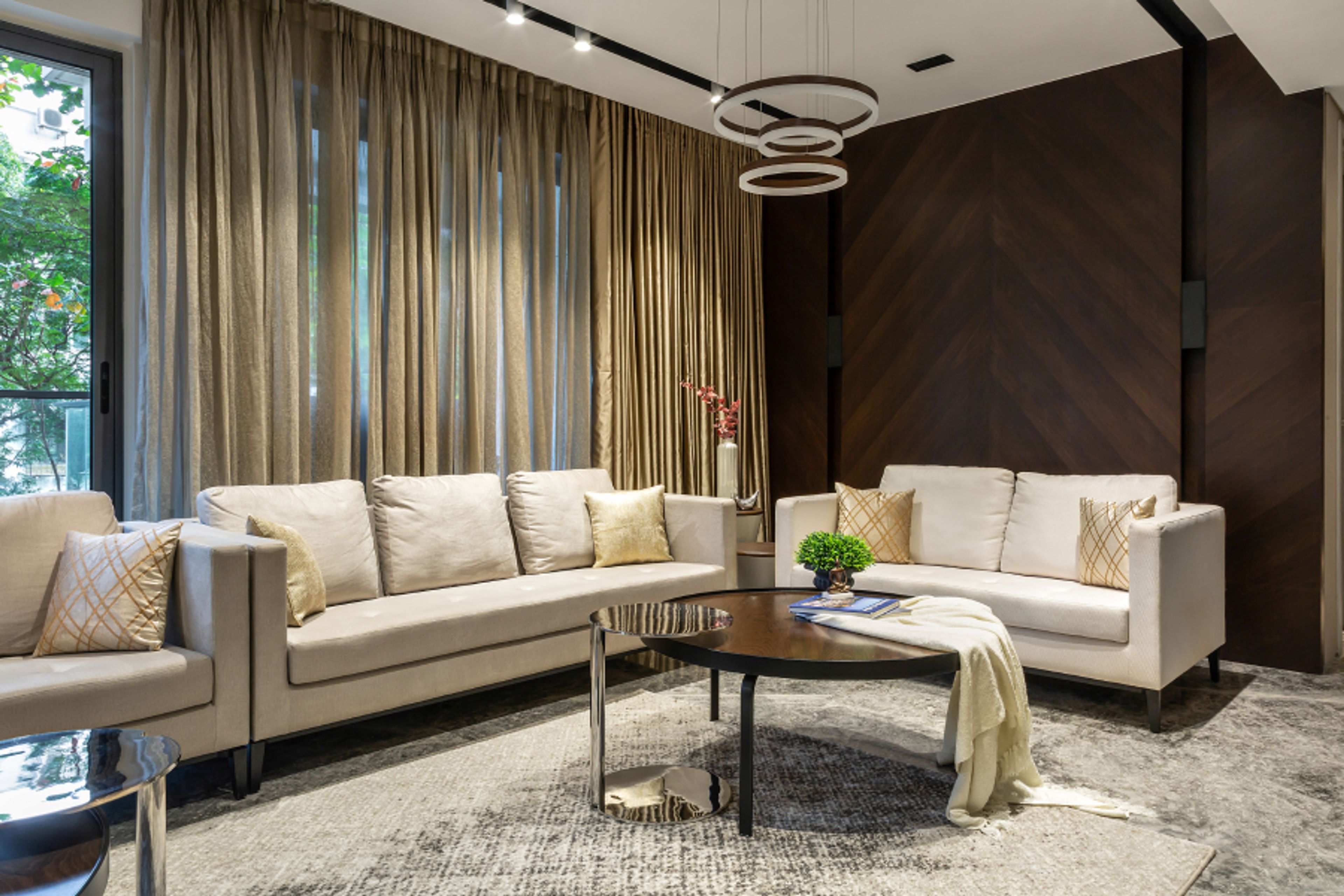 Living Room With Hanging Lights - Livspace