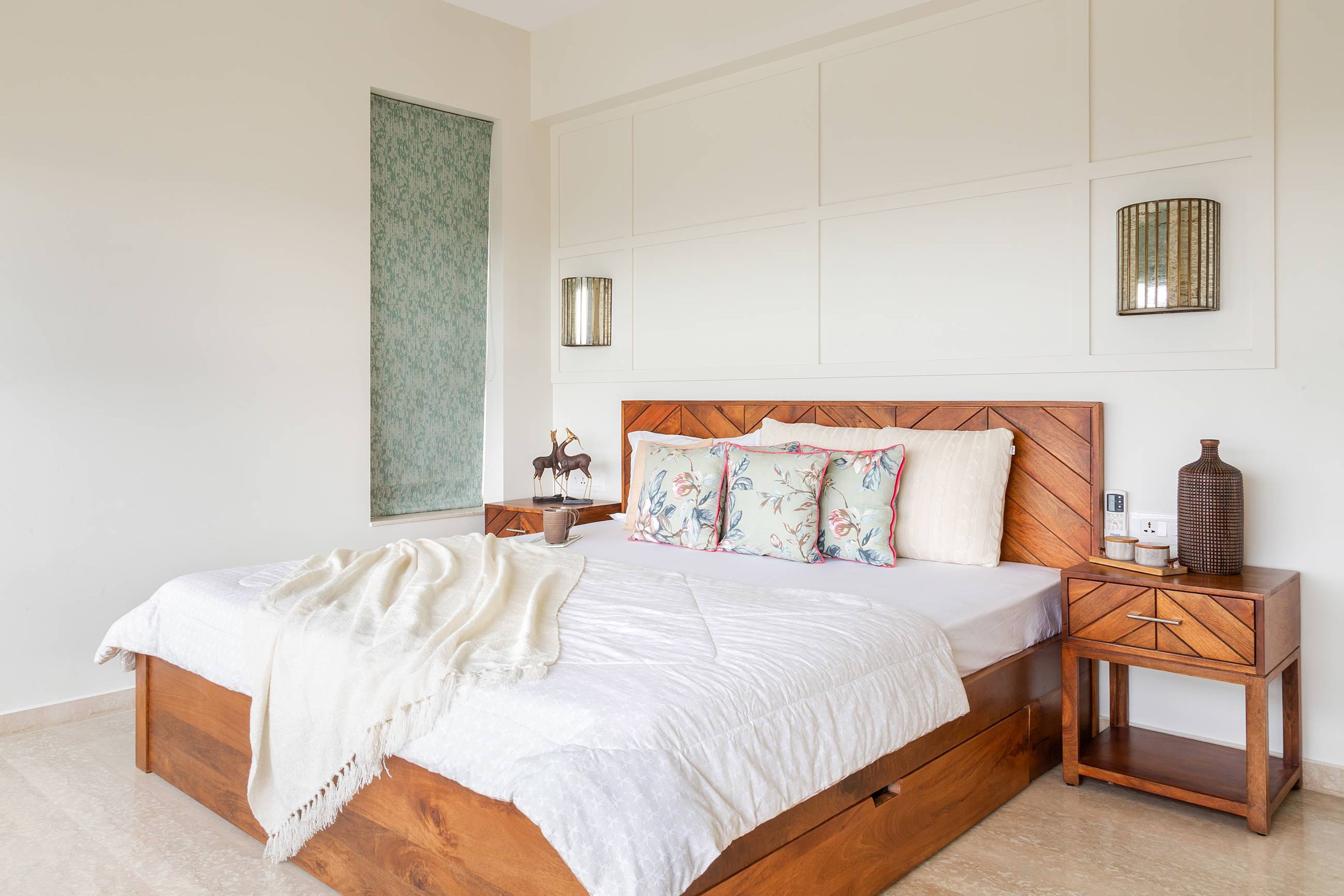 Bedroom Design With Wooden Double Bed And White Walls With Trims - Livspace