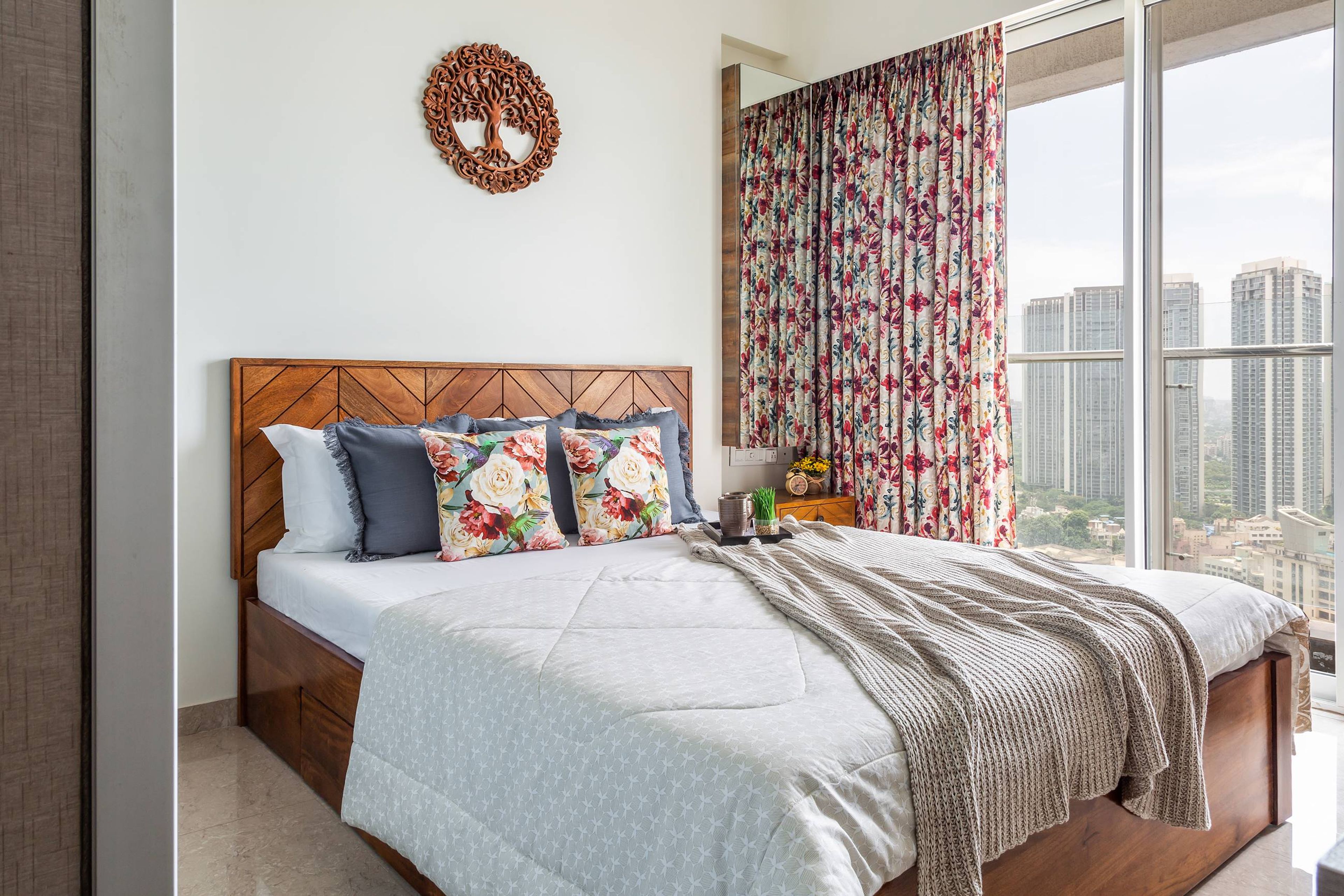 Bedroom Design With Wooden Double Bed And Wall Art - Livspace