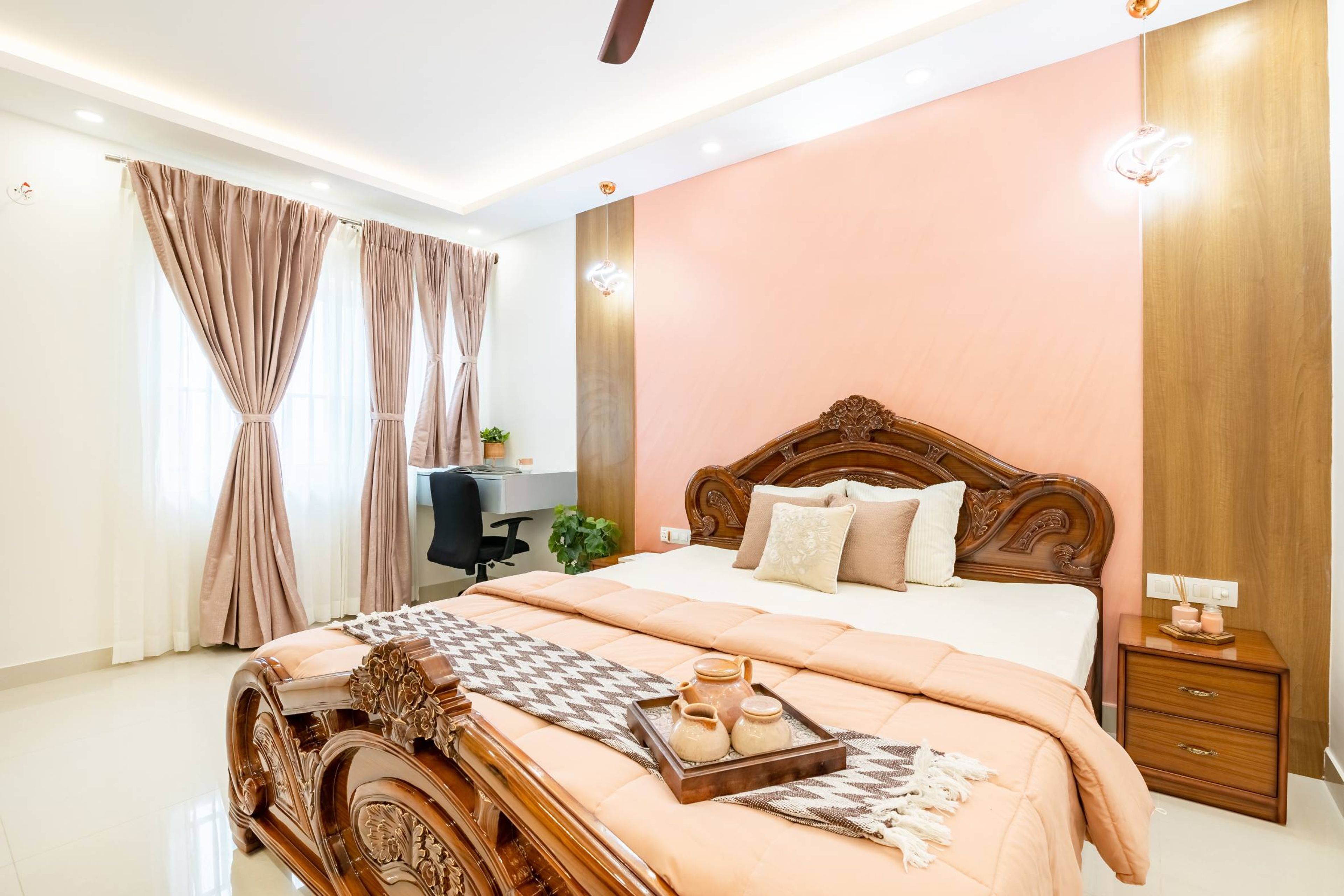 Bedroom Design With A King Size Bed And A Study Unit - Livspace