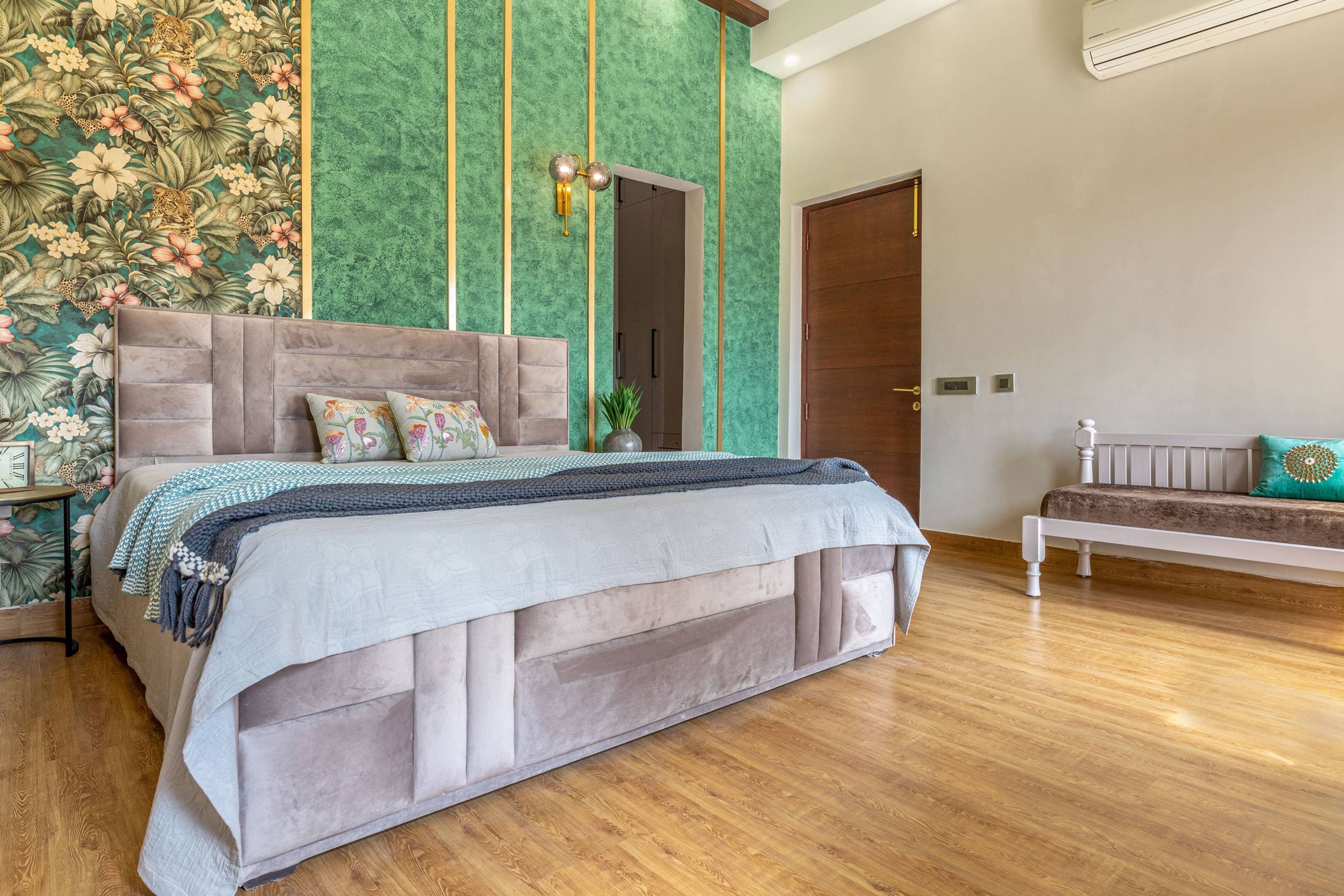 Contemporary Bedroom Design With Grey Upholstered Bed And Floral Wallpaper