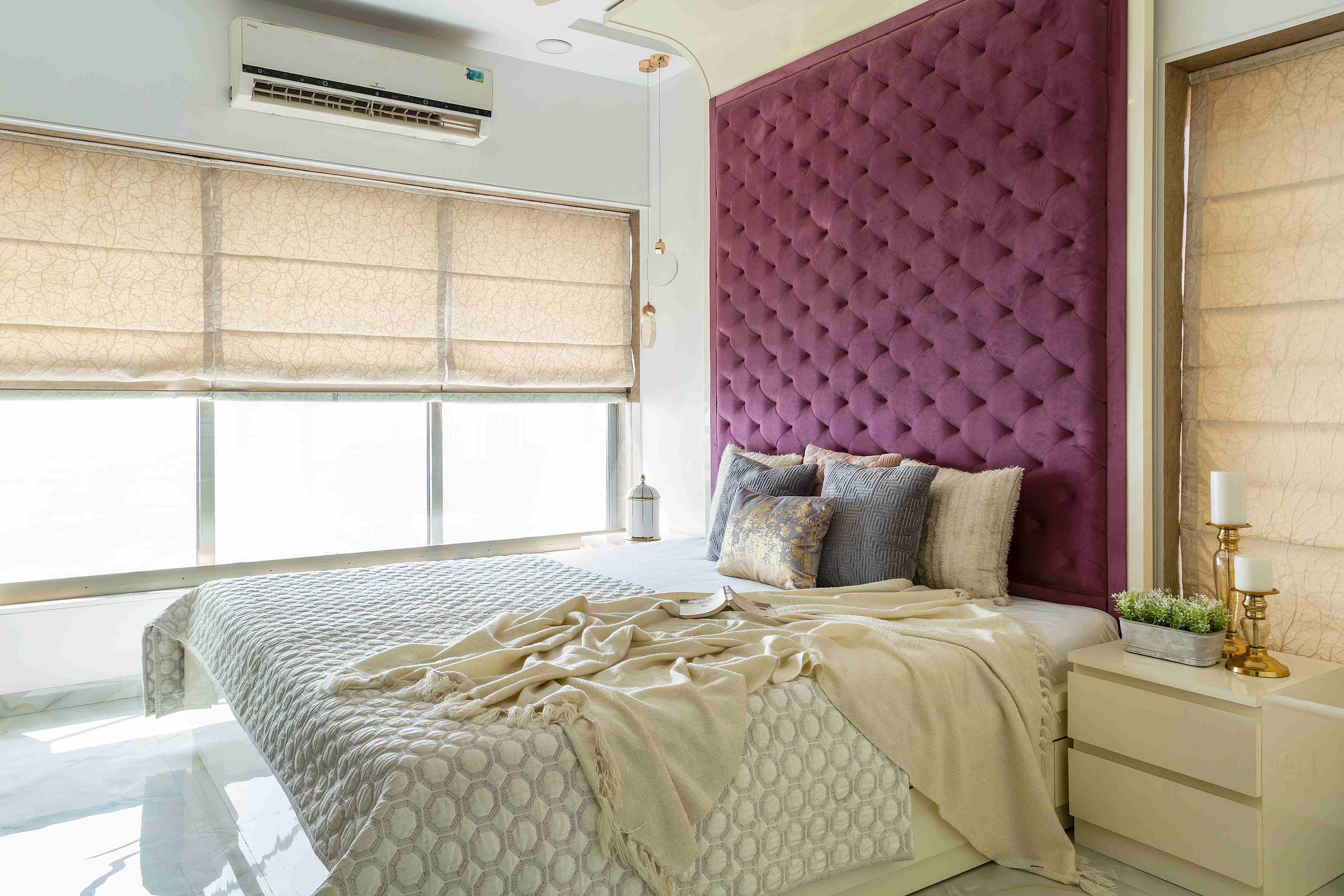 Master Bedroom Design With King Size Bed With A Magenta Tufted Headboard - Livspace