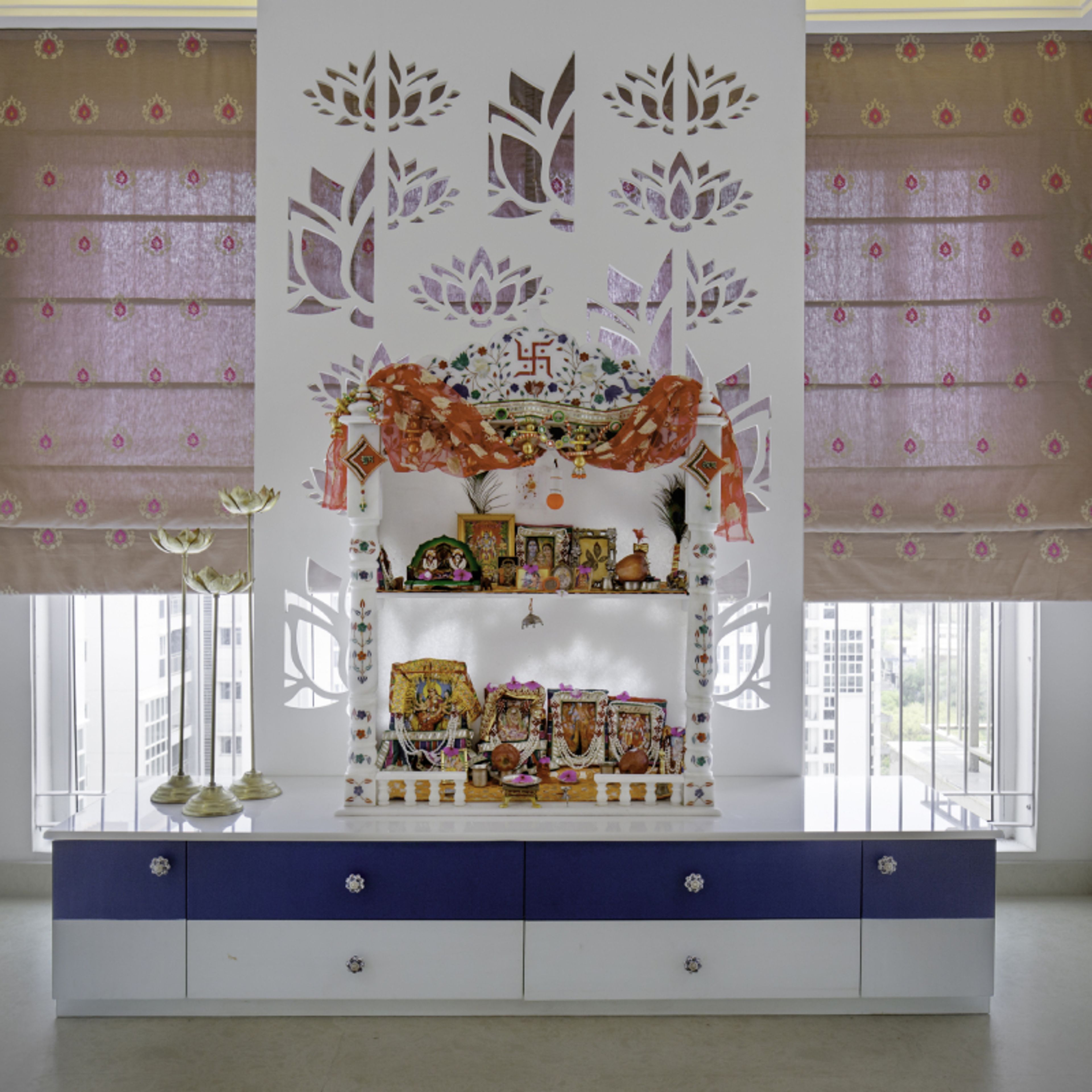 White And Blue Pooja Mandir Design - Livspace