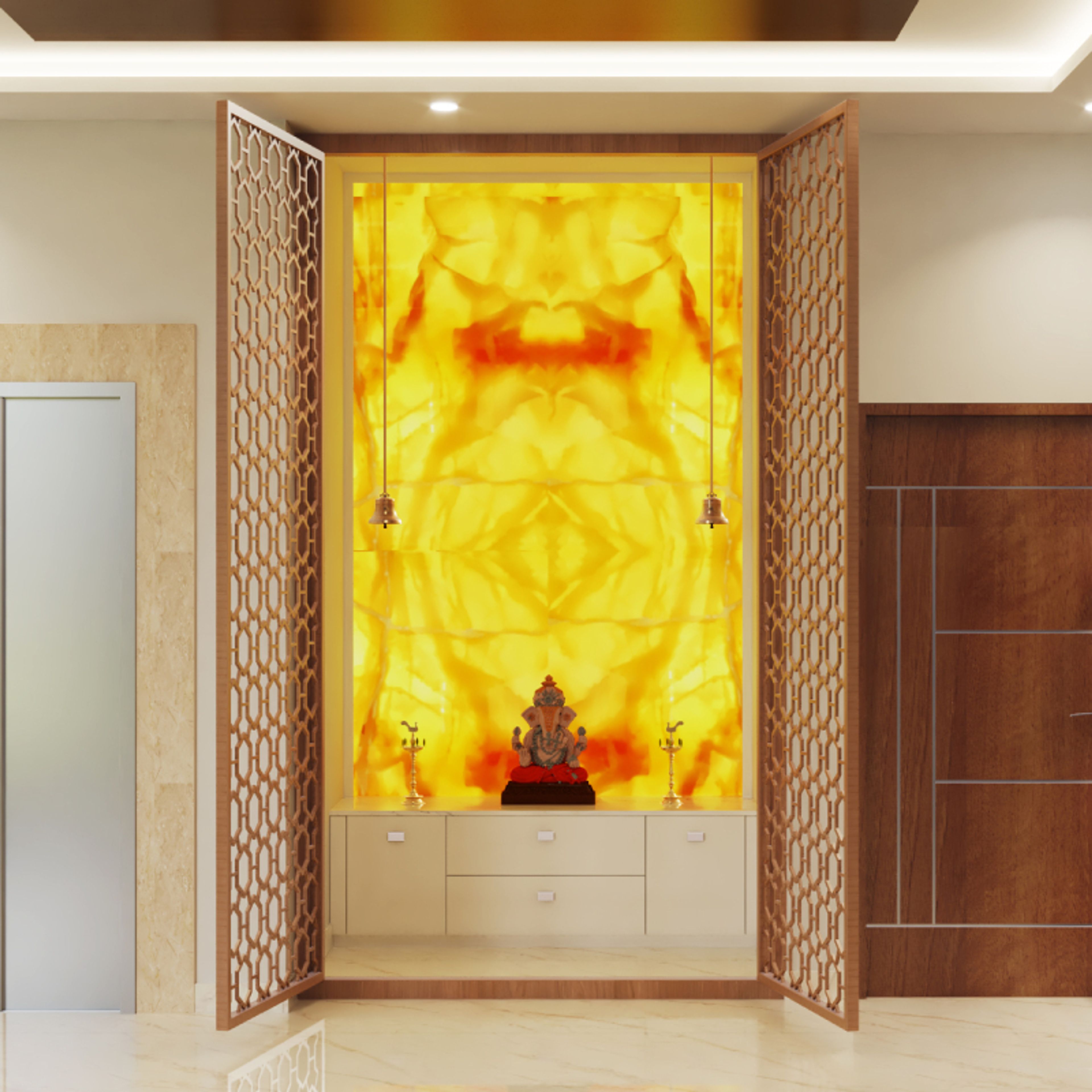 Modern Pooja Mandir Design With A Floor-Mounted Storage Unit