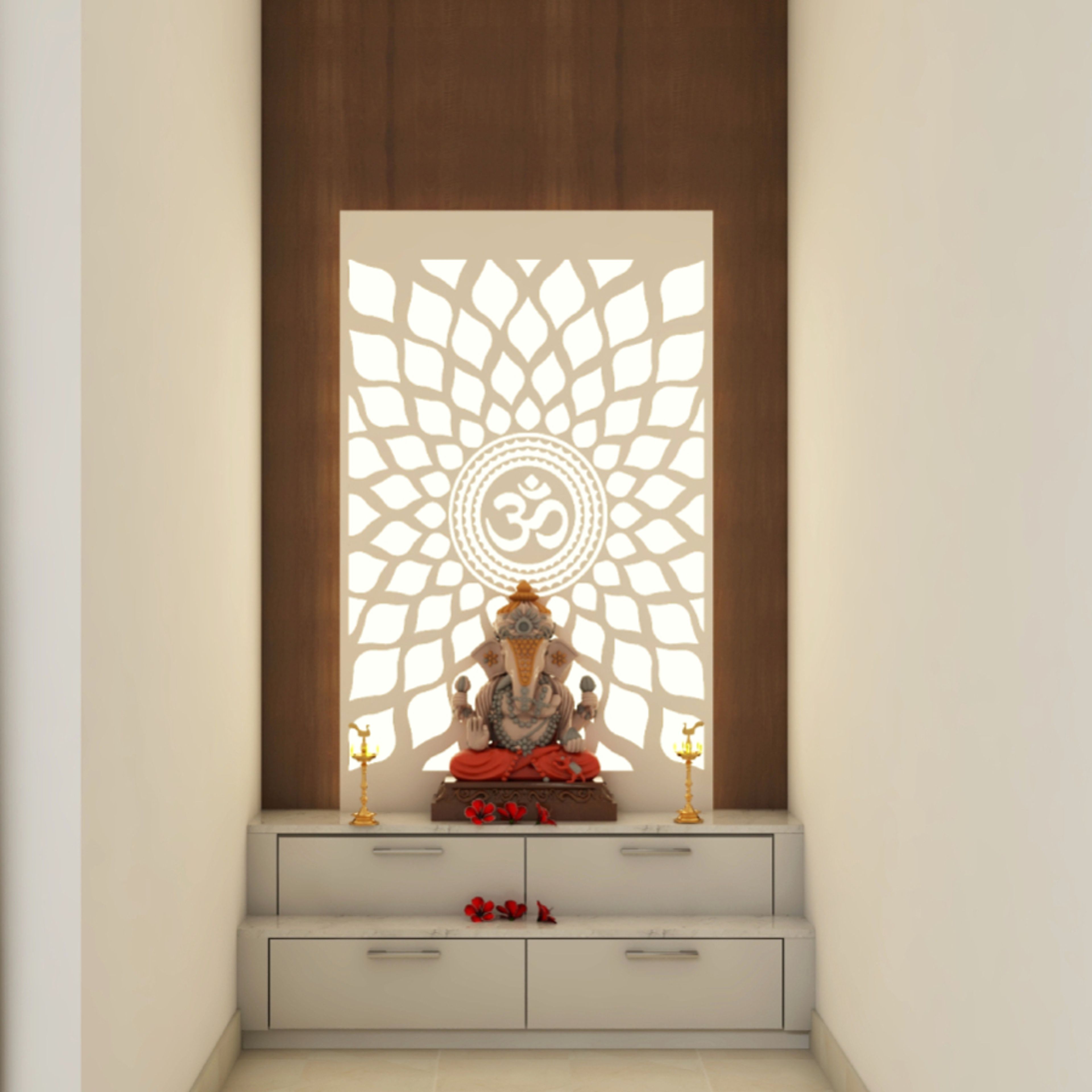 Modern Mandir Design With Four Pullout Drawers