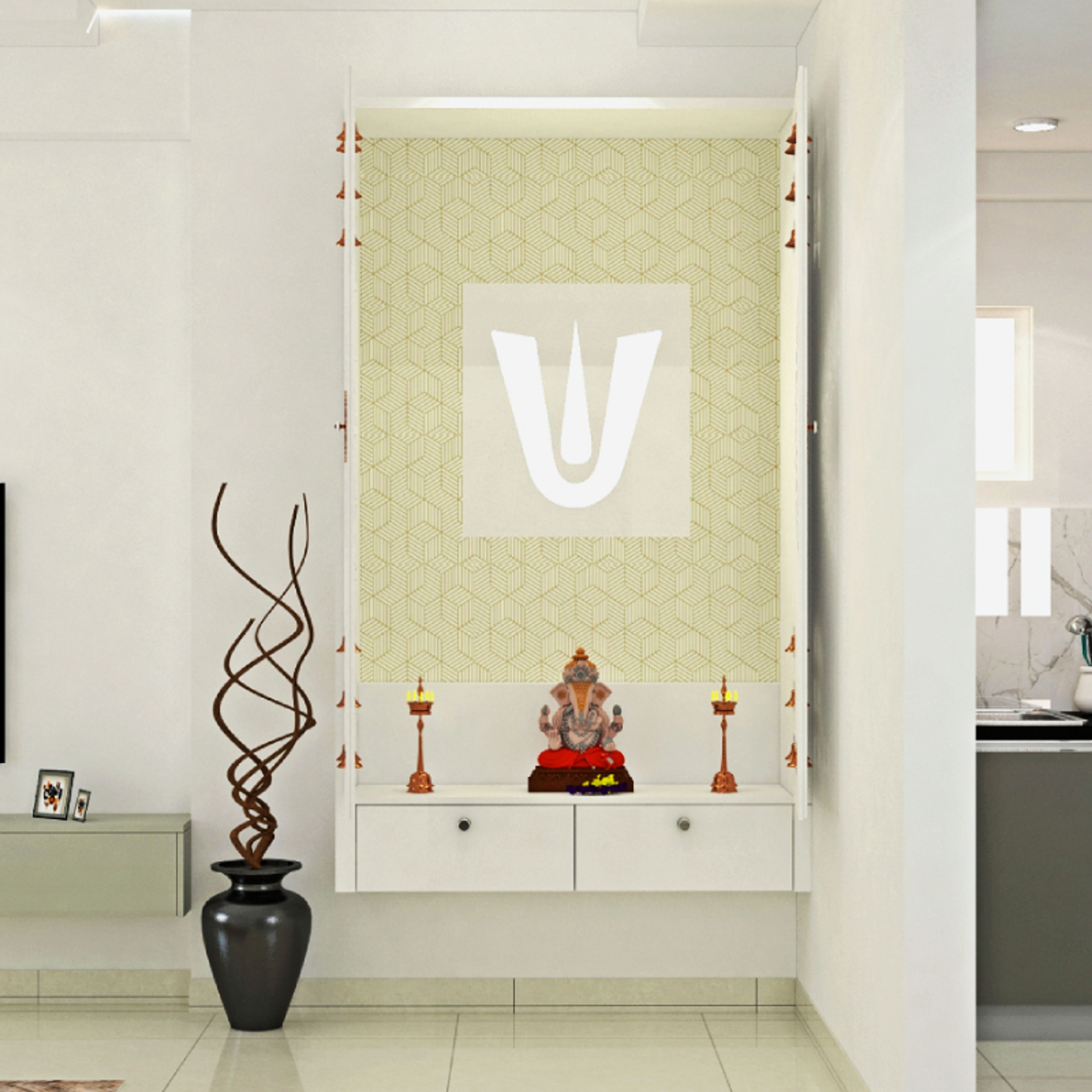 Modern Wall-Mounted Mandir Design With Two Pullout Drawers