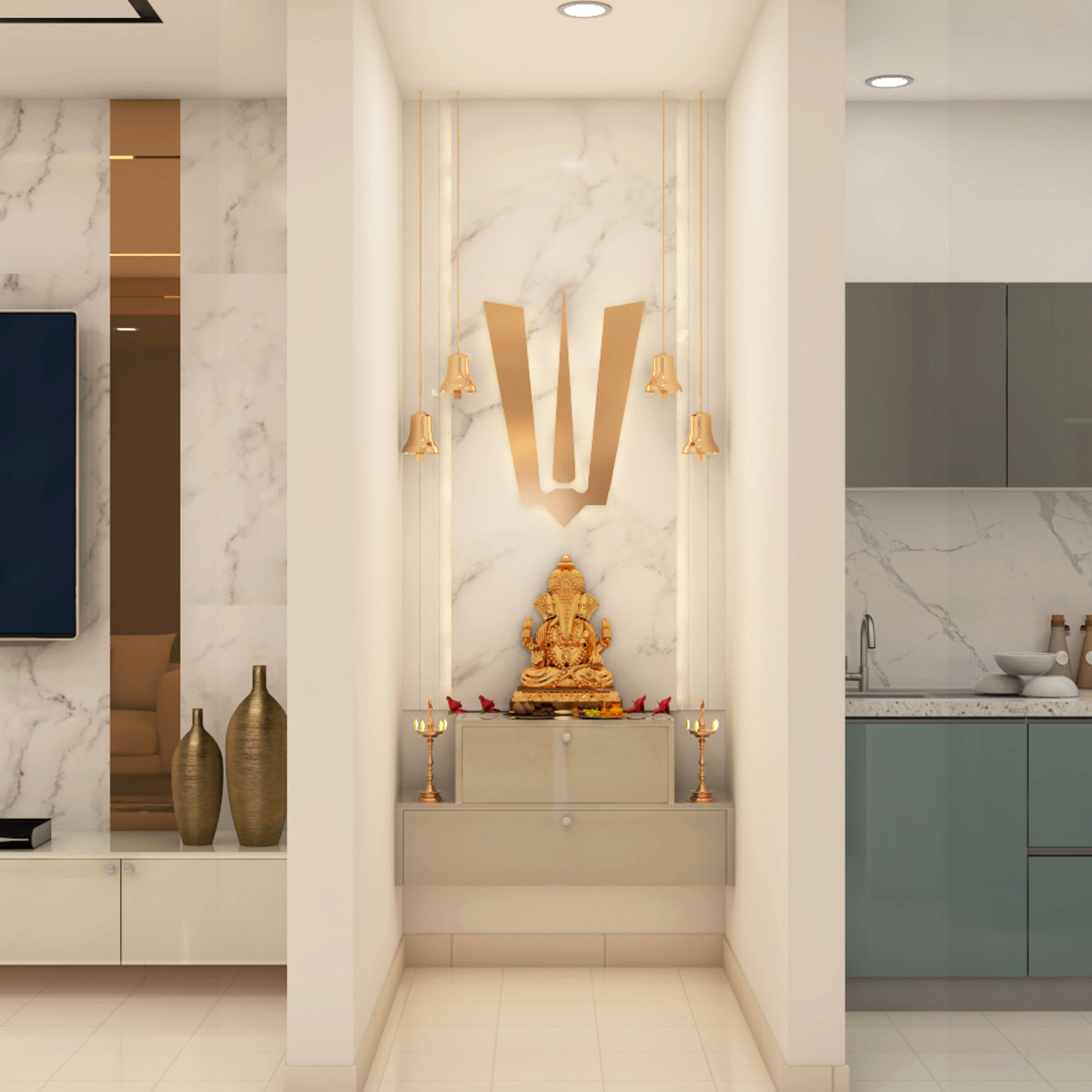 Modern Mandir Design With A White Marble Back Wall