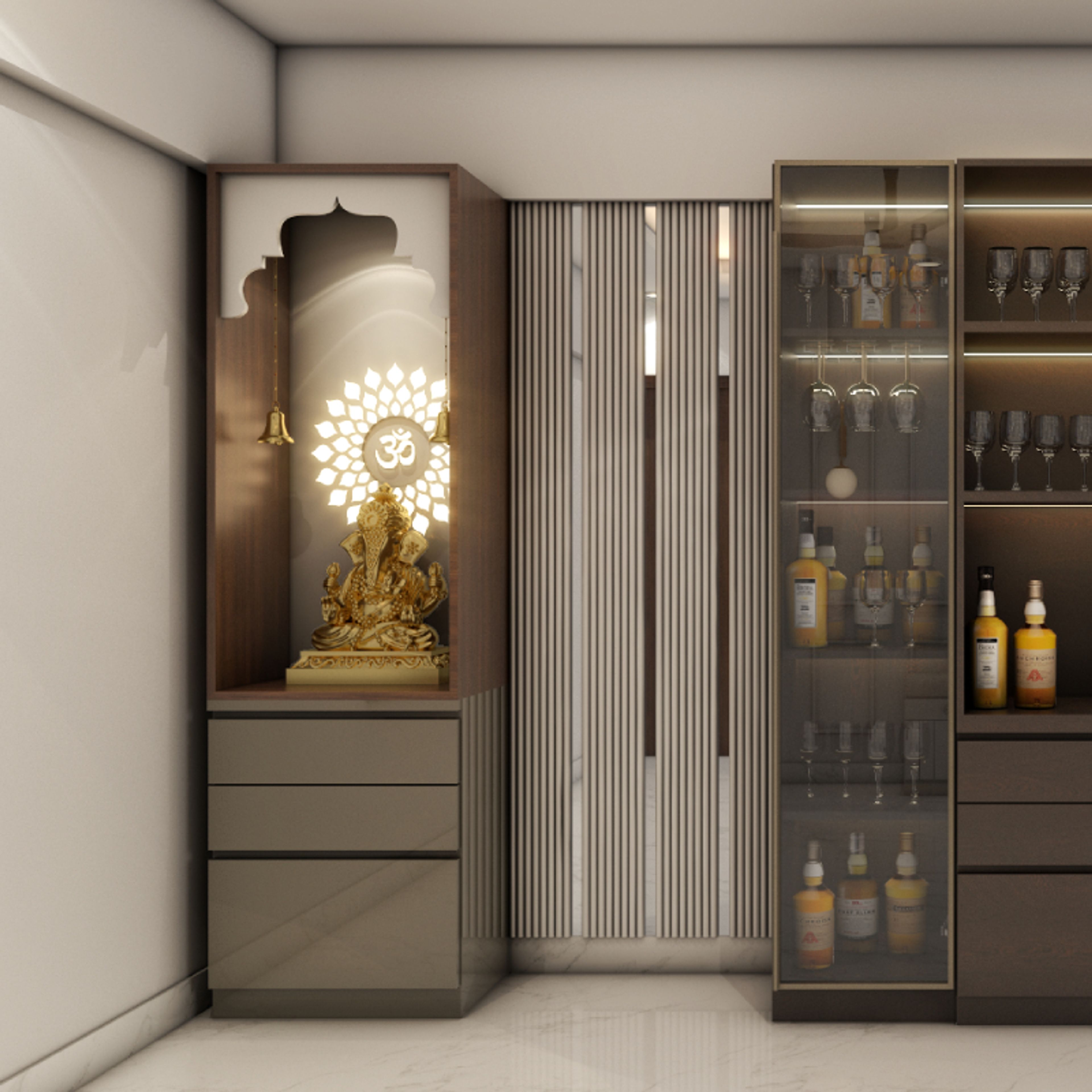 Modern Floor-Mounted Mandir Design With Hanging Bells