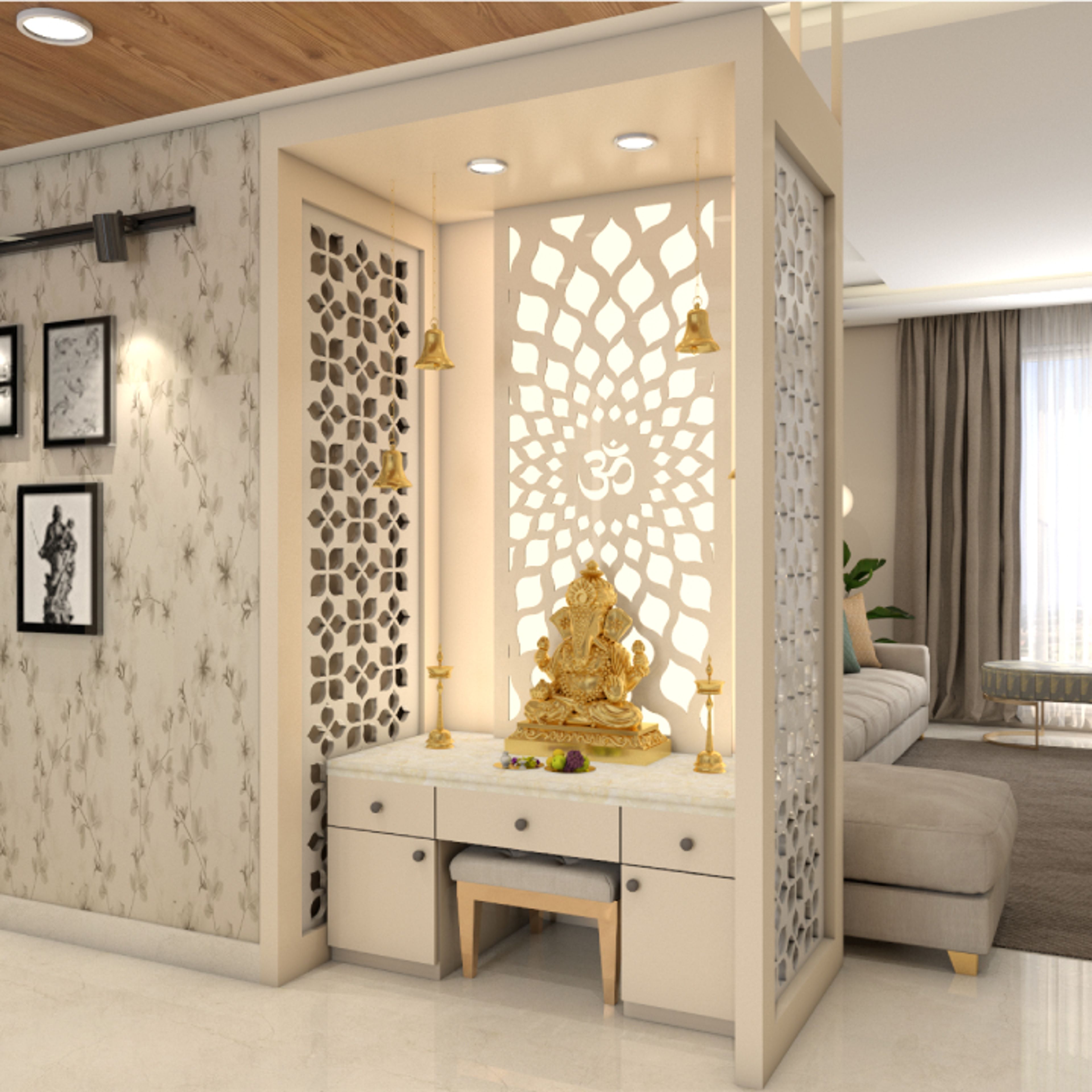 Modern White Mandir Design With Spacious Cabinets