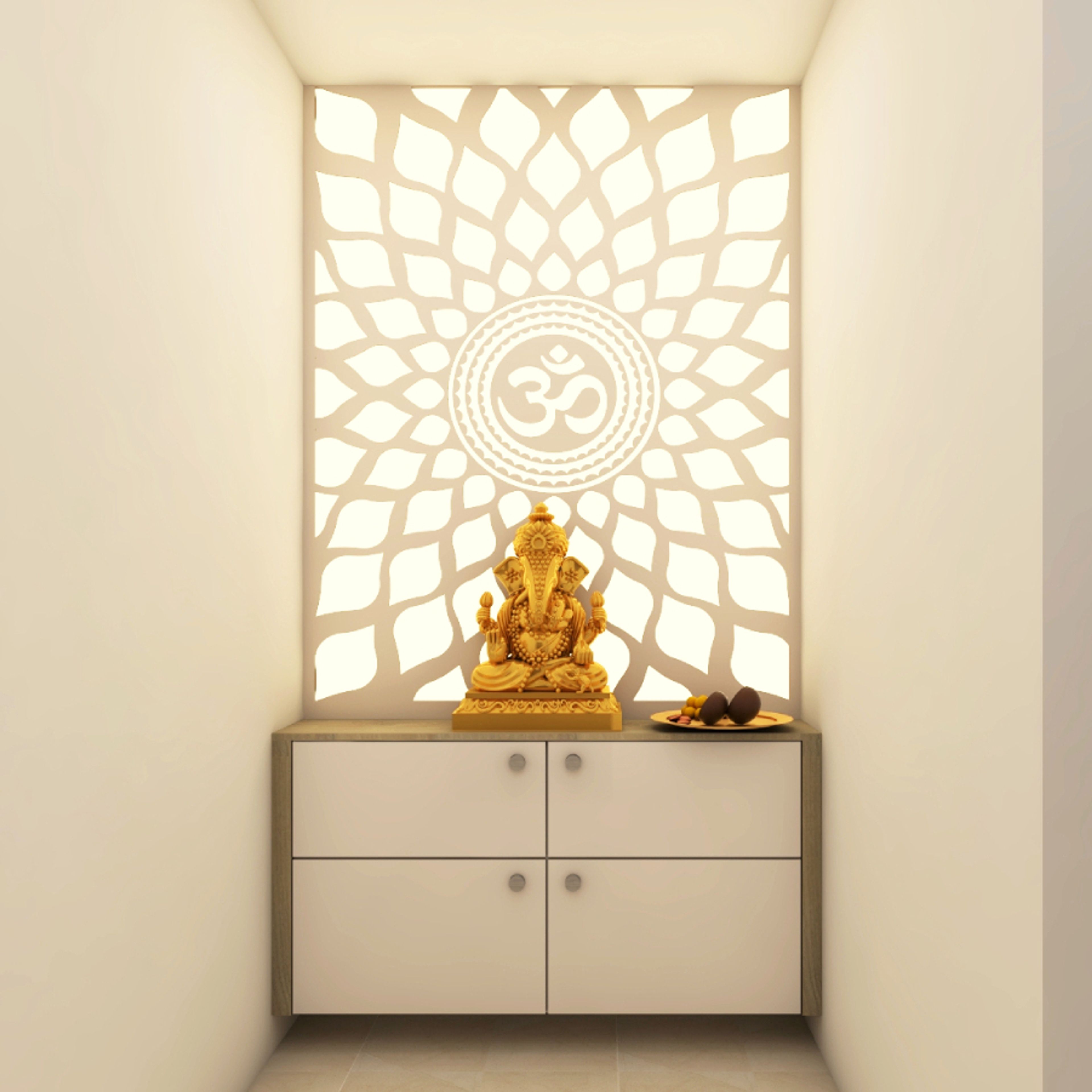 Modern Mandir Design With Closed Cream-Coloured Storage Units