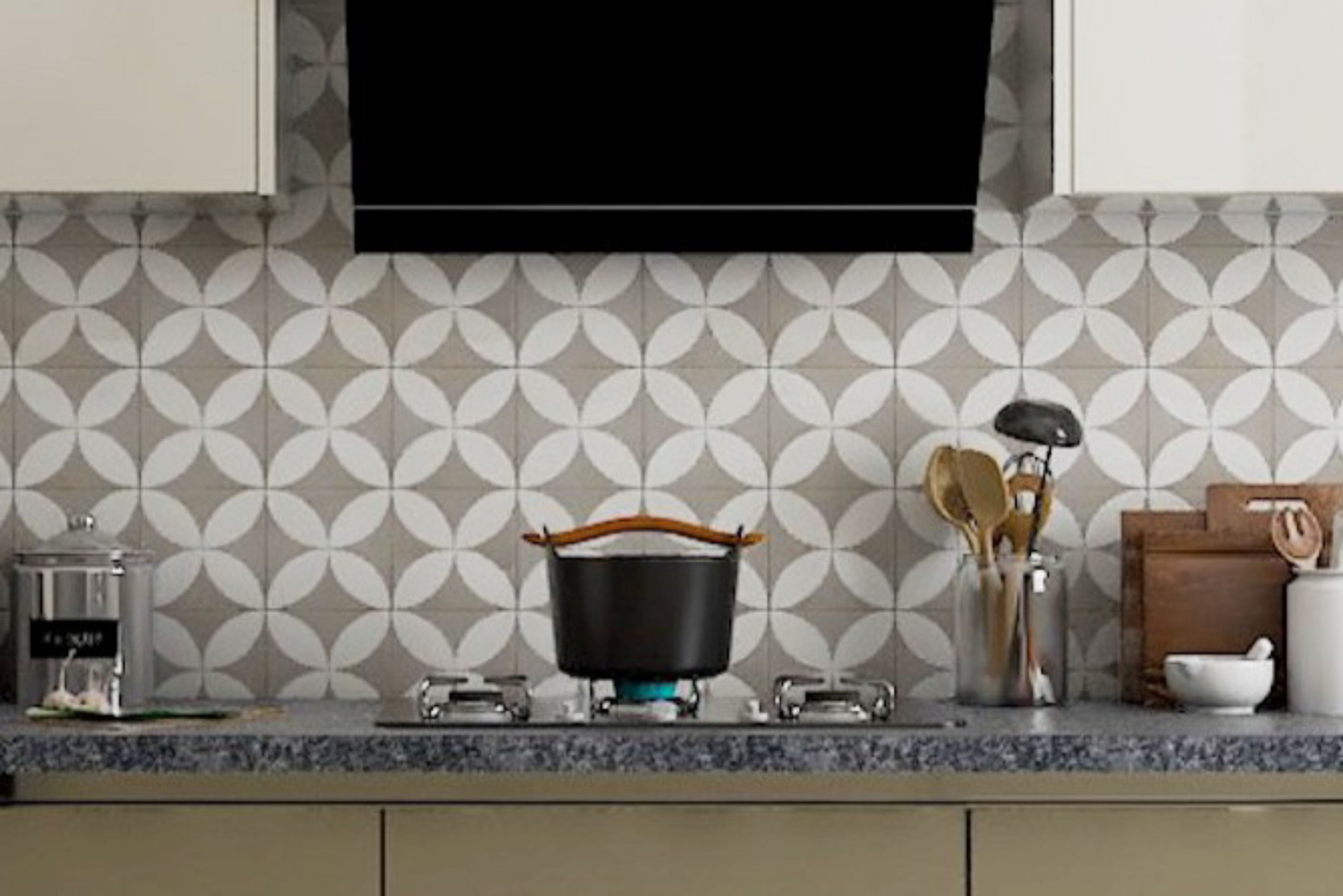 White And Beige Ceramic Kitchen Tiles Design