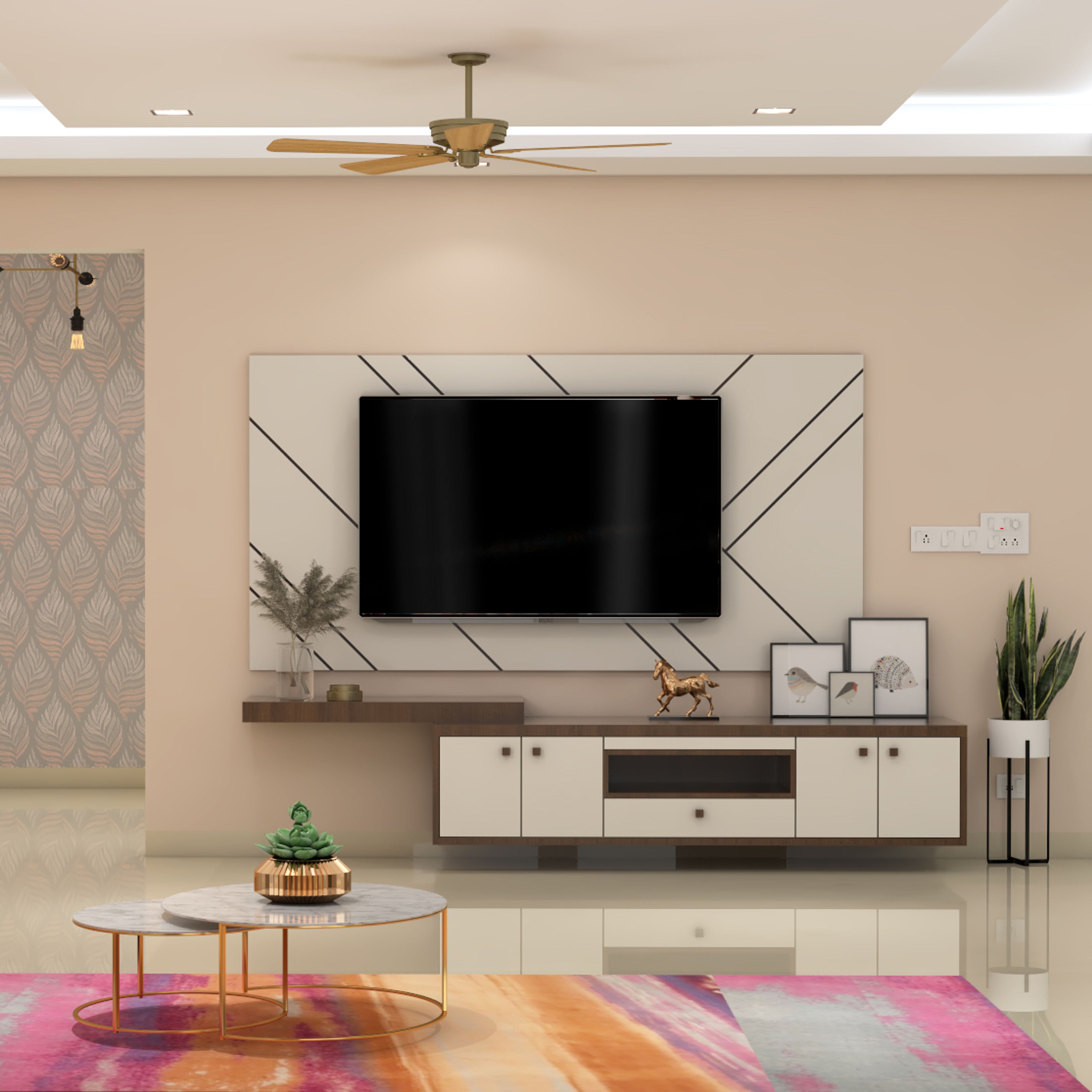 Classic TV Unit Design With Striped White Backdrop