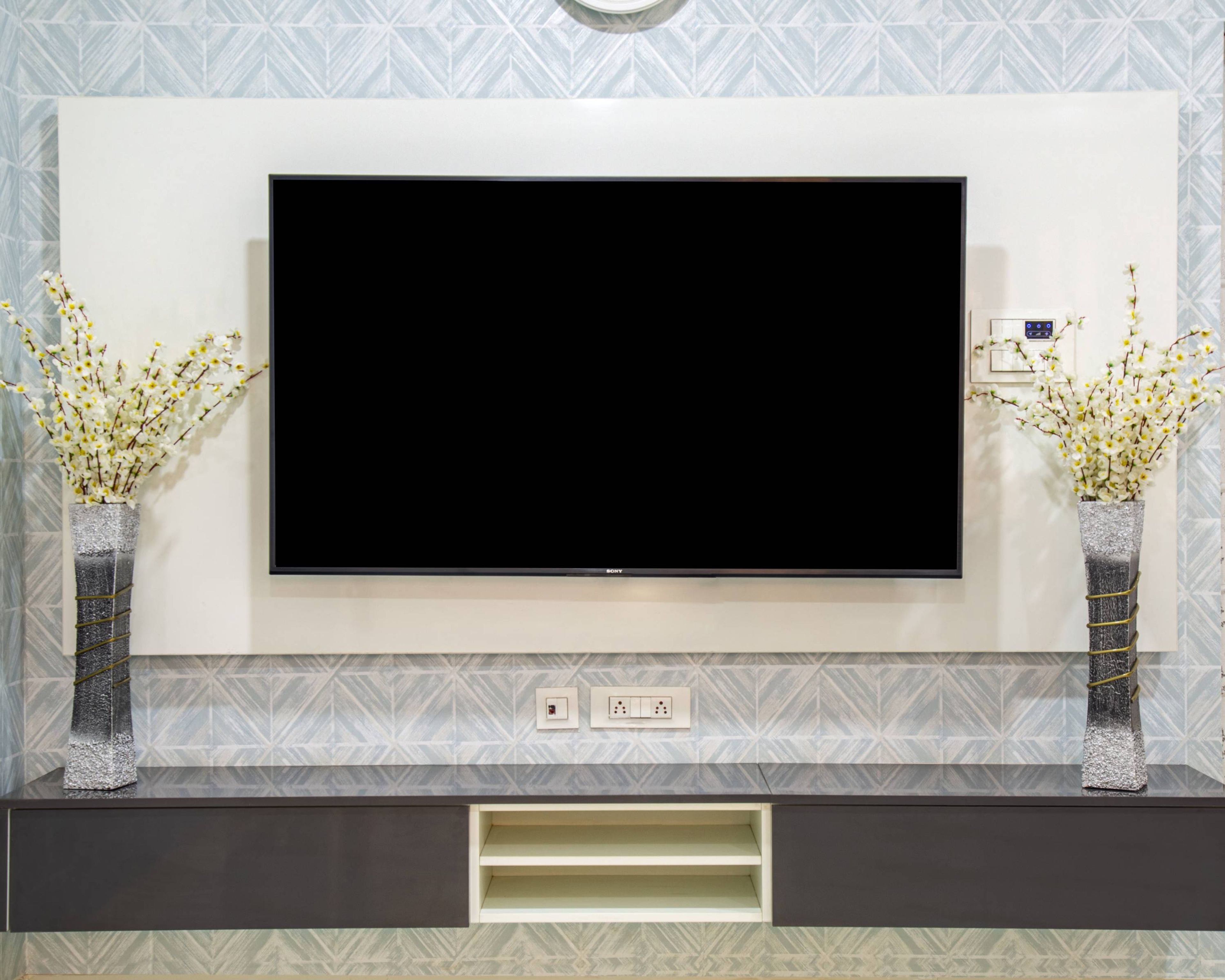 Dark Grey Modern TV Unit Design With Open Storage Units