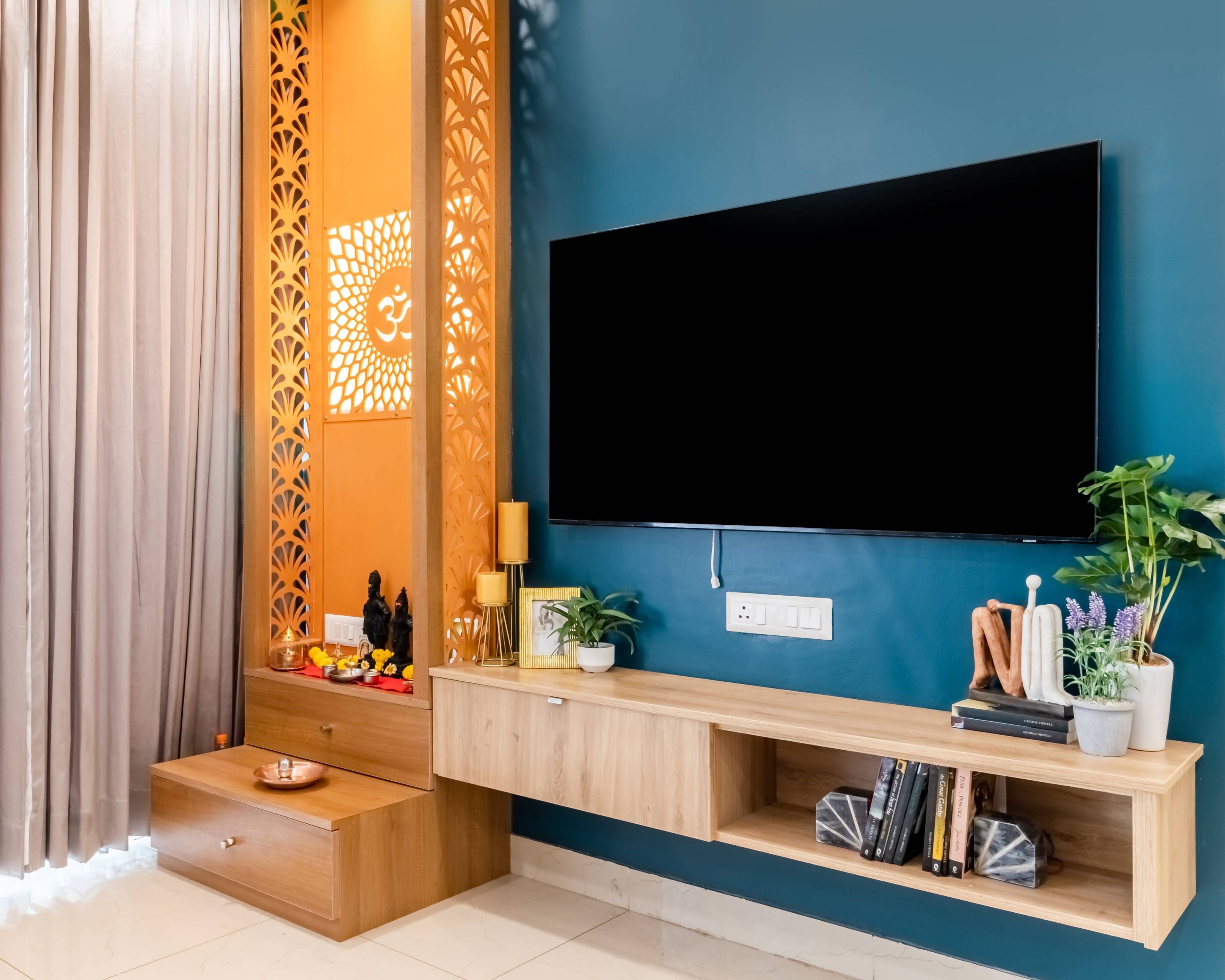Modern Light Wood TV Unit Design With Open Shelves