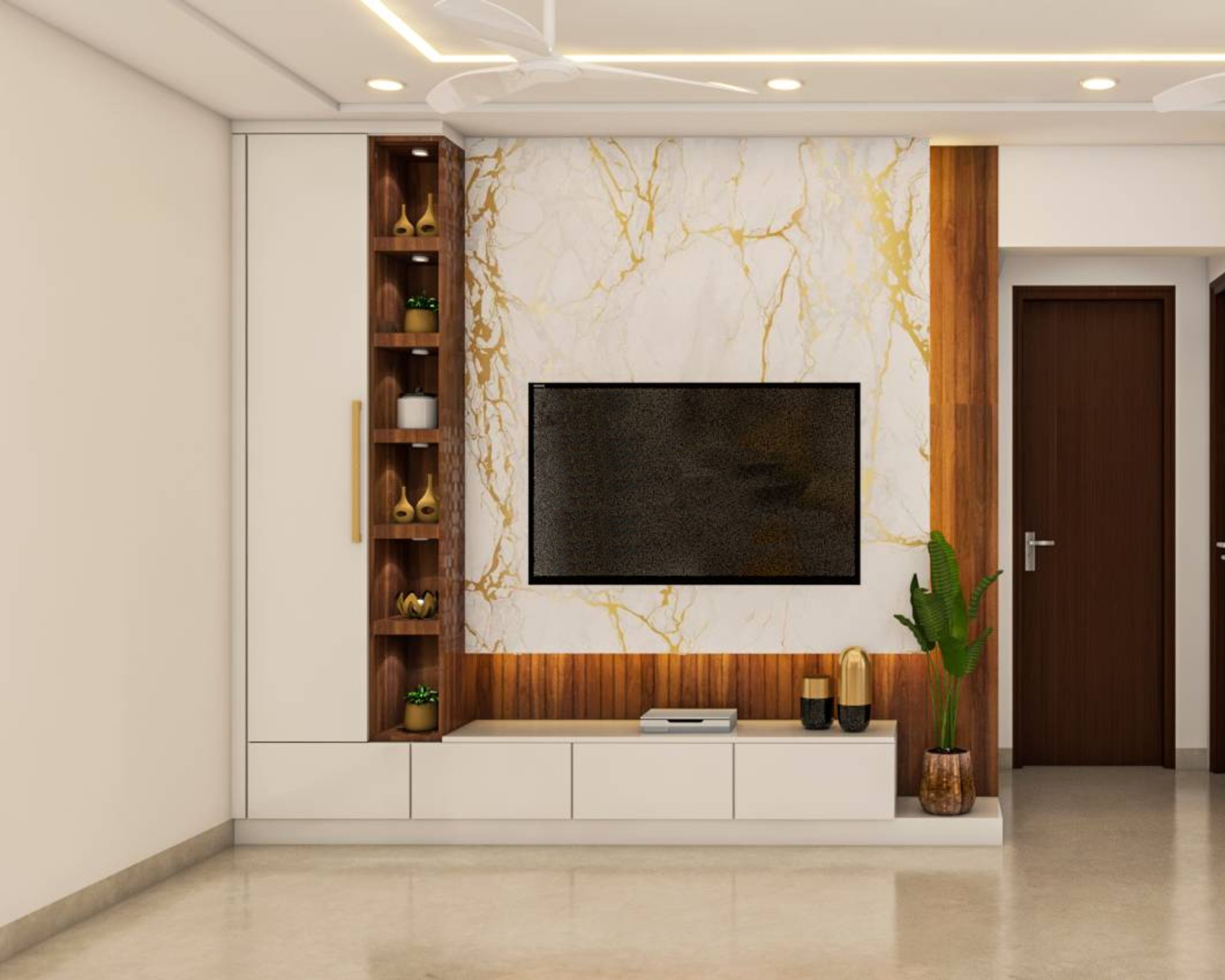 Contemporary Style Spacious TV Unit Design With Marble Splash