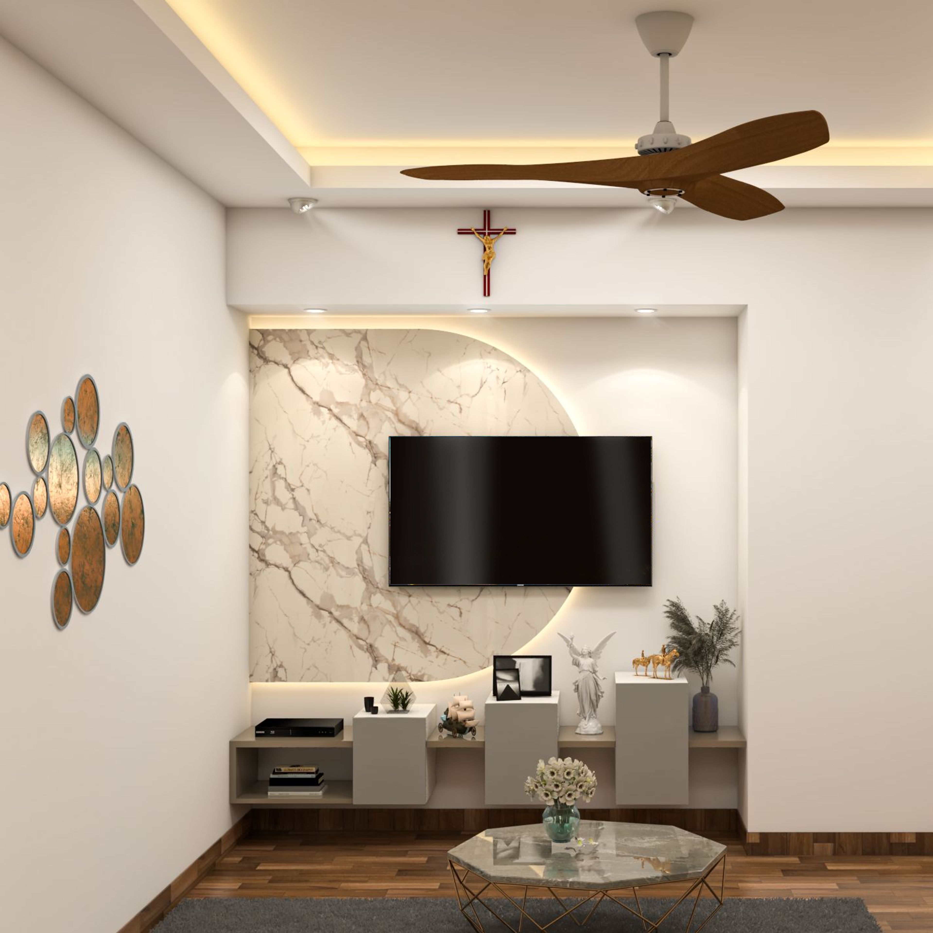 Modern TV Unit Design With Curved Marble Wall