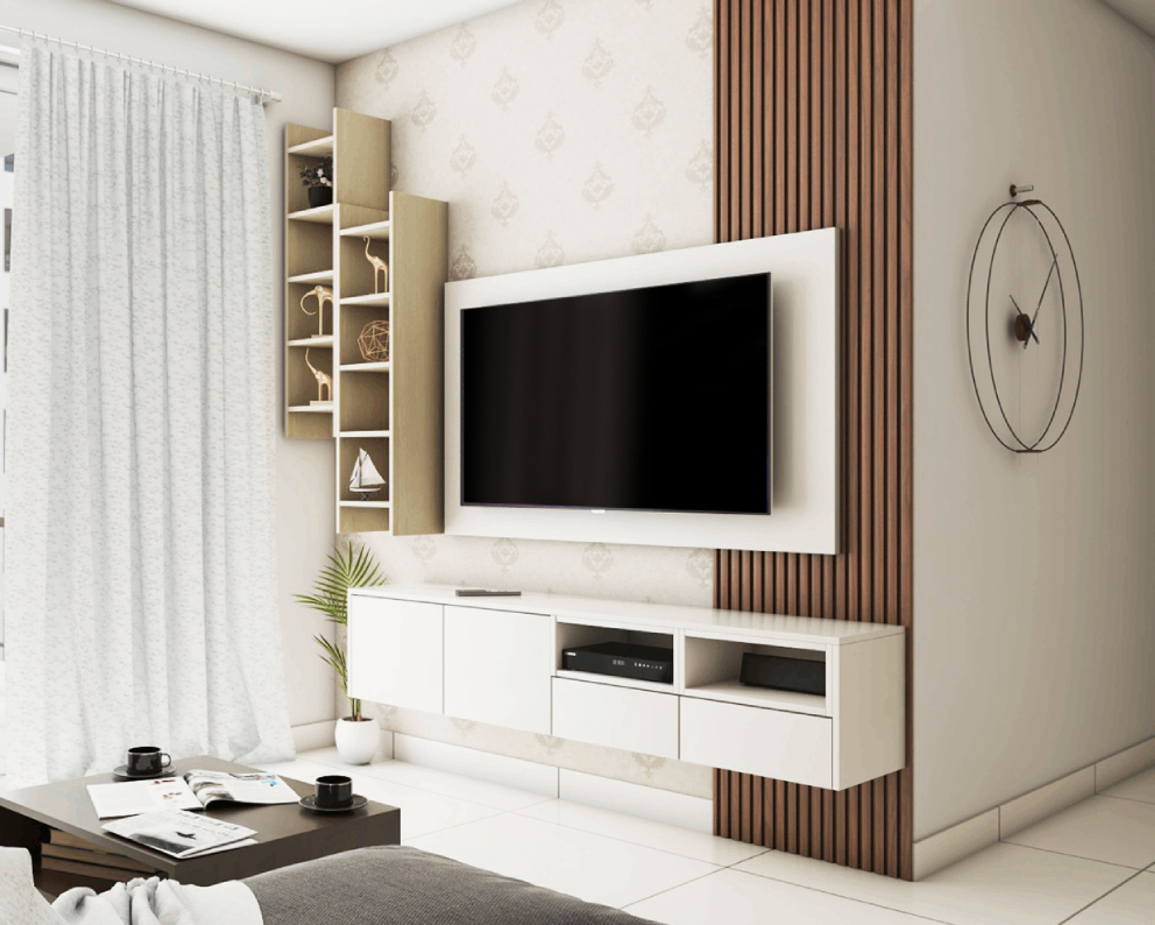 Modern Wall-Mounted TV Unit Design With Open Shelves