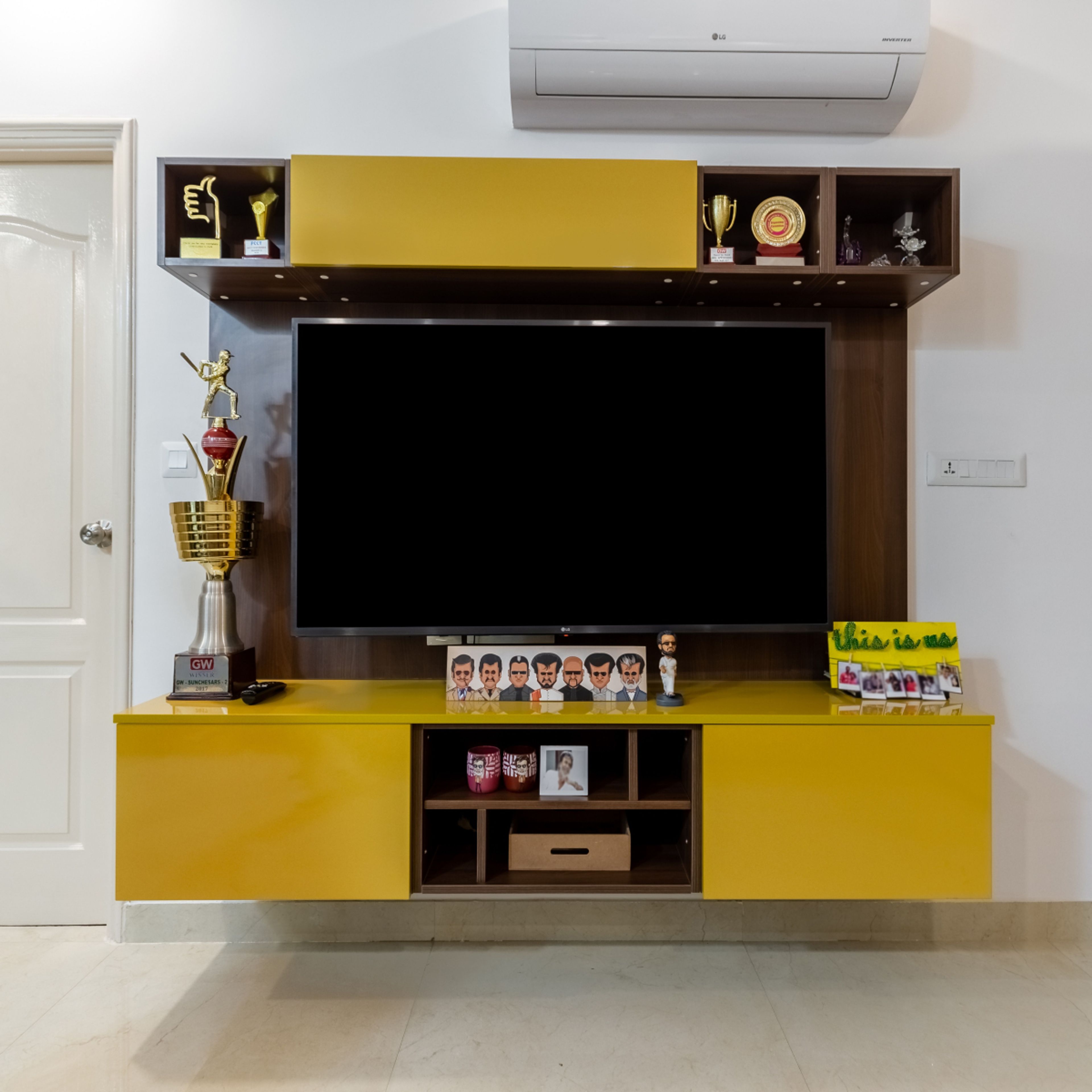 Contemporary TV Cabinet Design With Yellow Base Unit