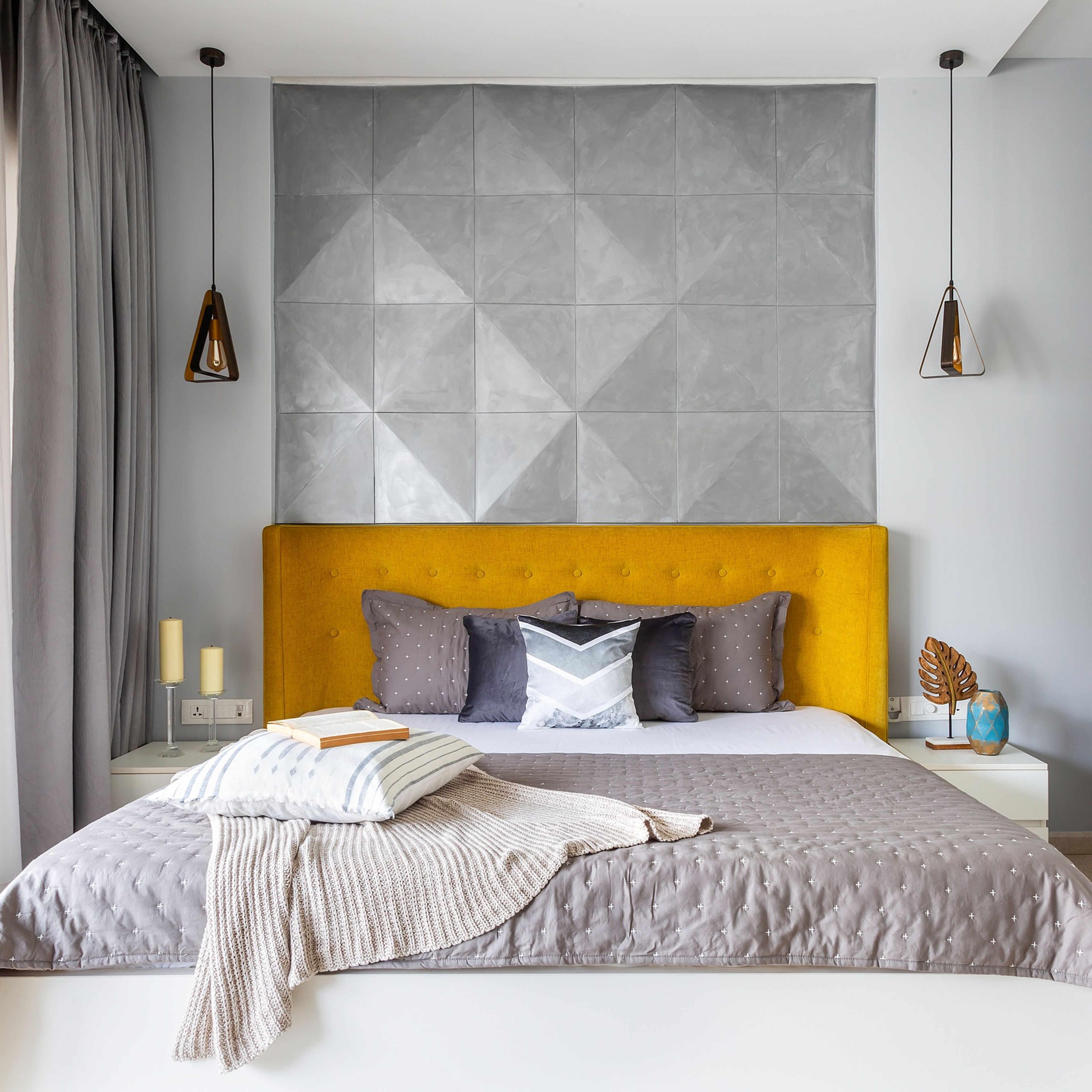 Bedroom Wall Design With Grey Panels - Livspace