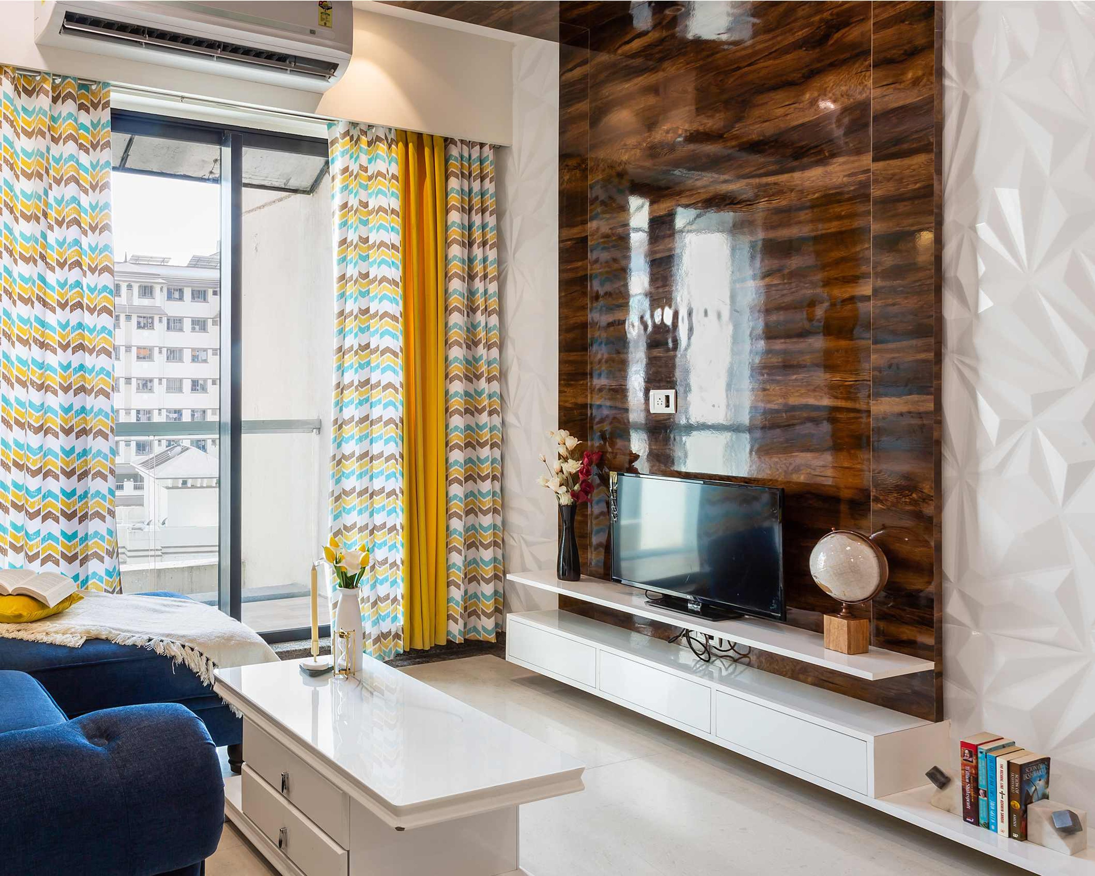 Brown And White Wall Design With Wooden Panelling - Livspace