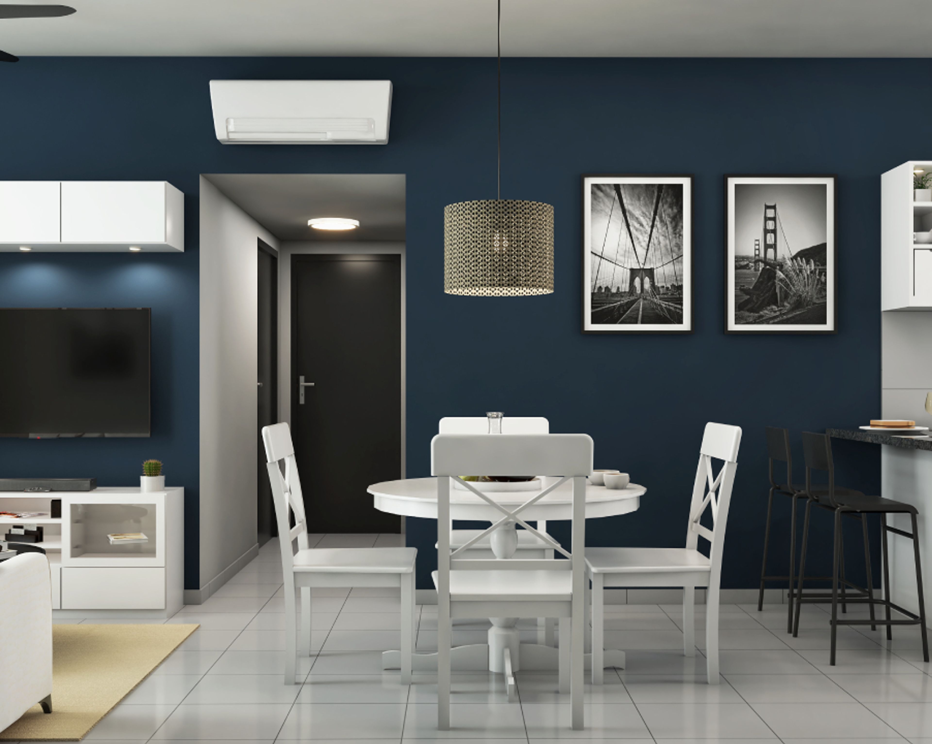 Contemporary Dark Turquoise Wall Paint Design With Wall Art