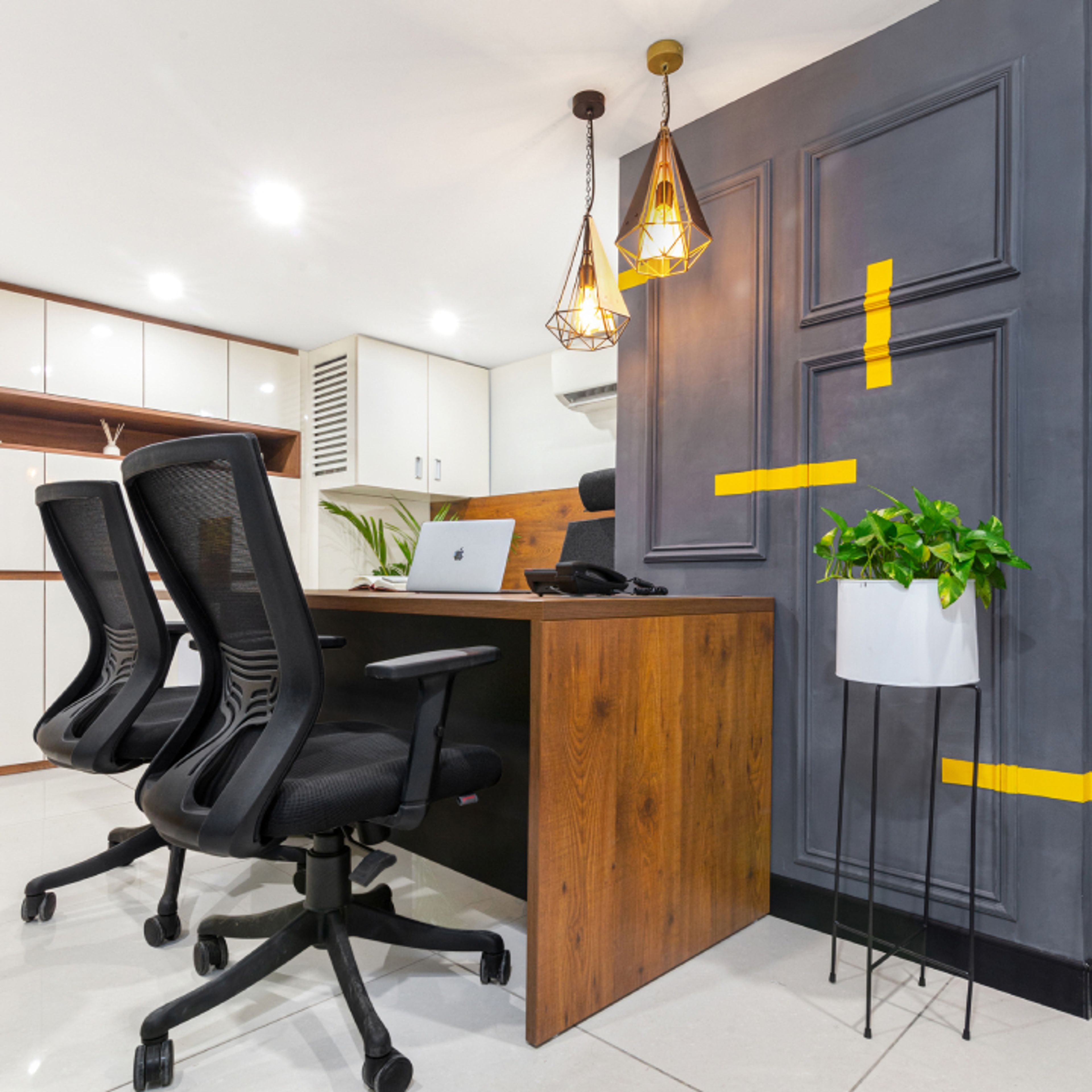 Modern Blue-Grey Wall Paint Design With Yellow Stripes