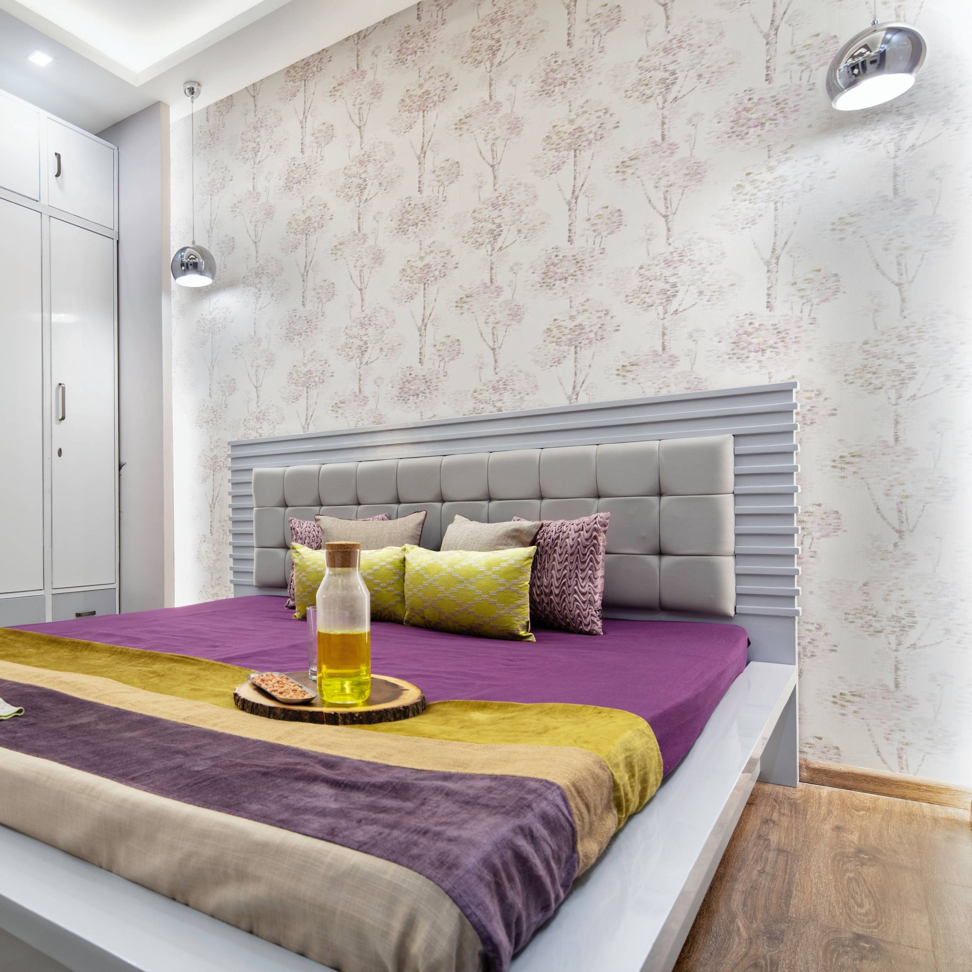 Modern Grey Bedroom Wallpaper Design With Cove And Pendant Lights