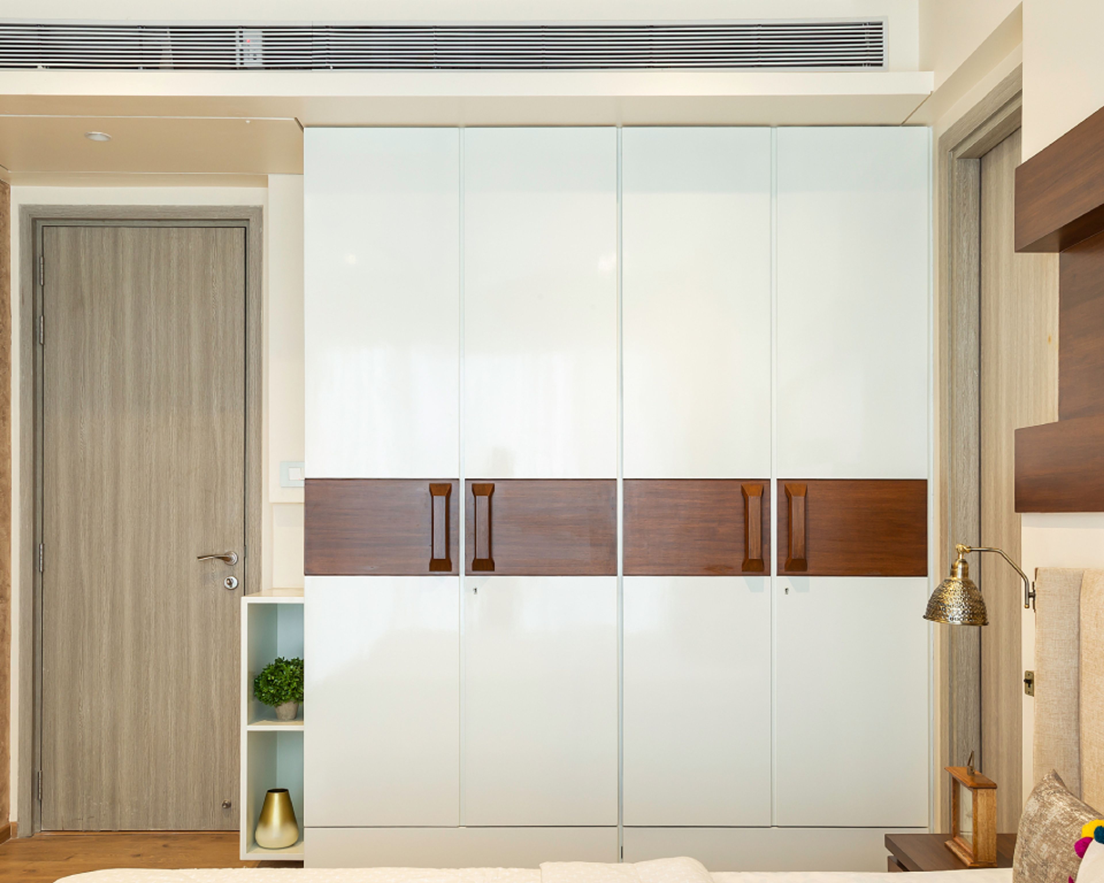 Modern Swing Wardrobe Design With Walnut Wooden Texture