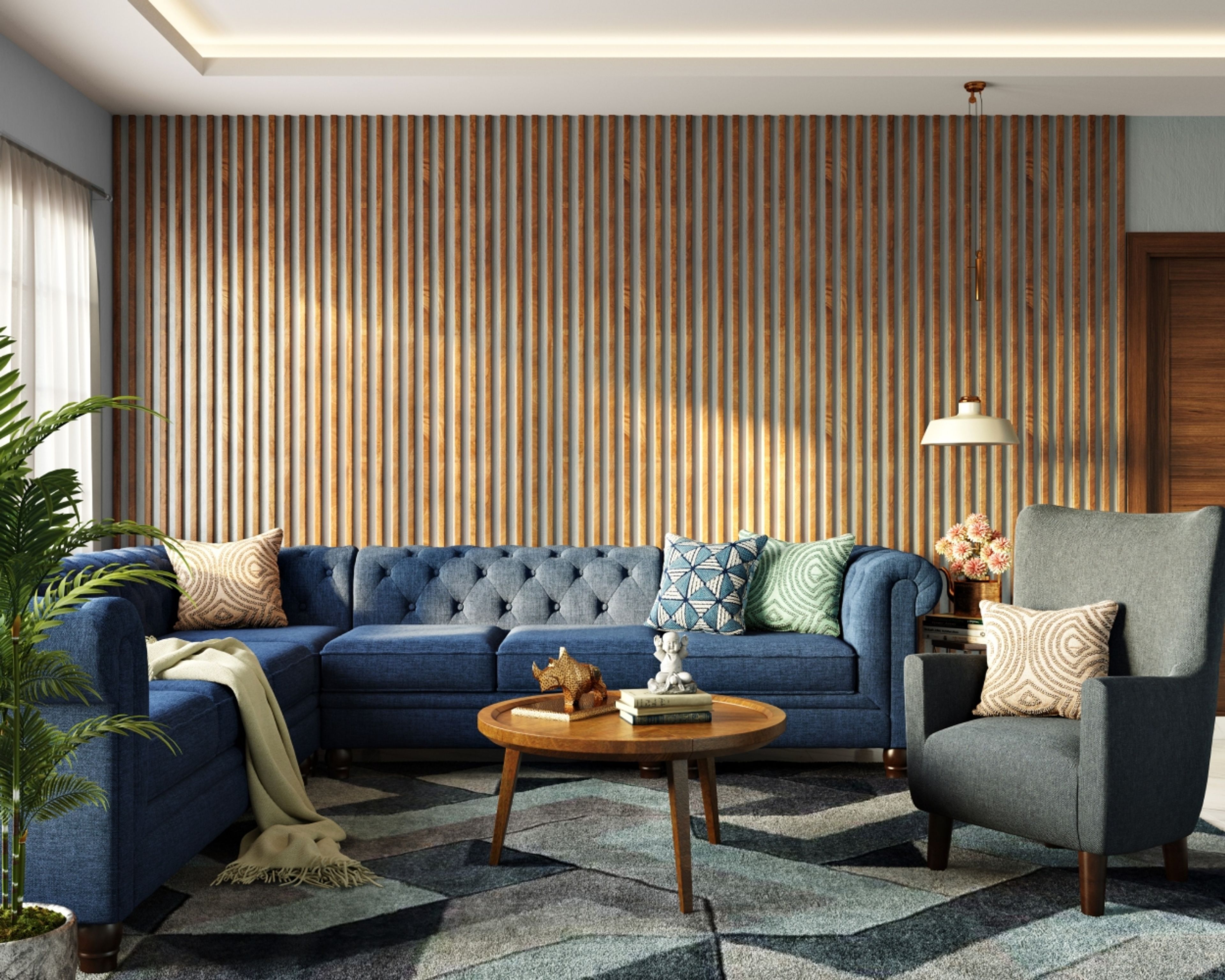 Modern Wall Design With Wooden Fluted Panels Wall Design With Grooves, Blue Sofa Set And Grey Accent Chair - Livspace
