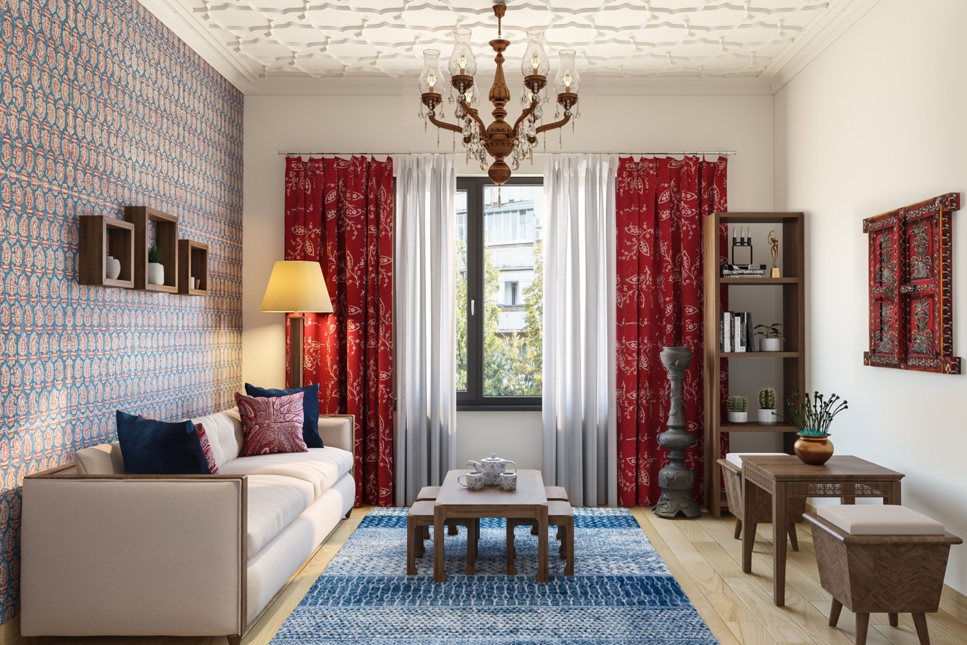 Spacious Living Room Design With Beige Sofa, Red-Blue Indian Motif Wallpaper, Wooden Coffee Table, Mini Table With Stools, Wooden Storage Unit And Geometric Ceiling Design - Livspace