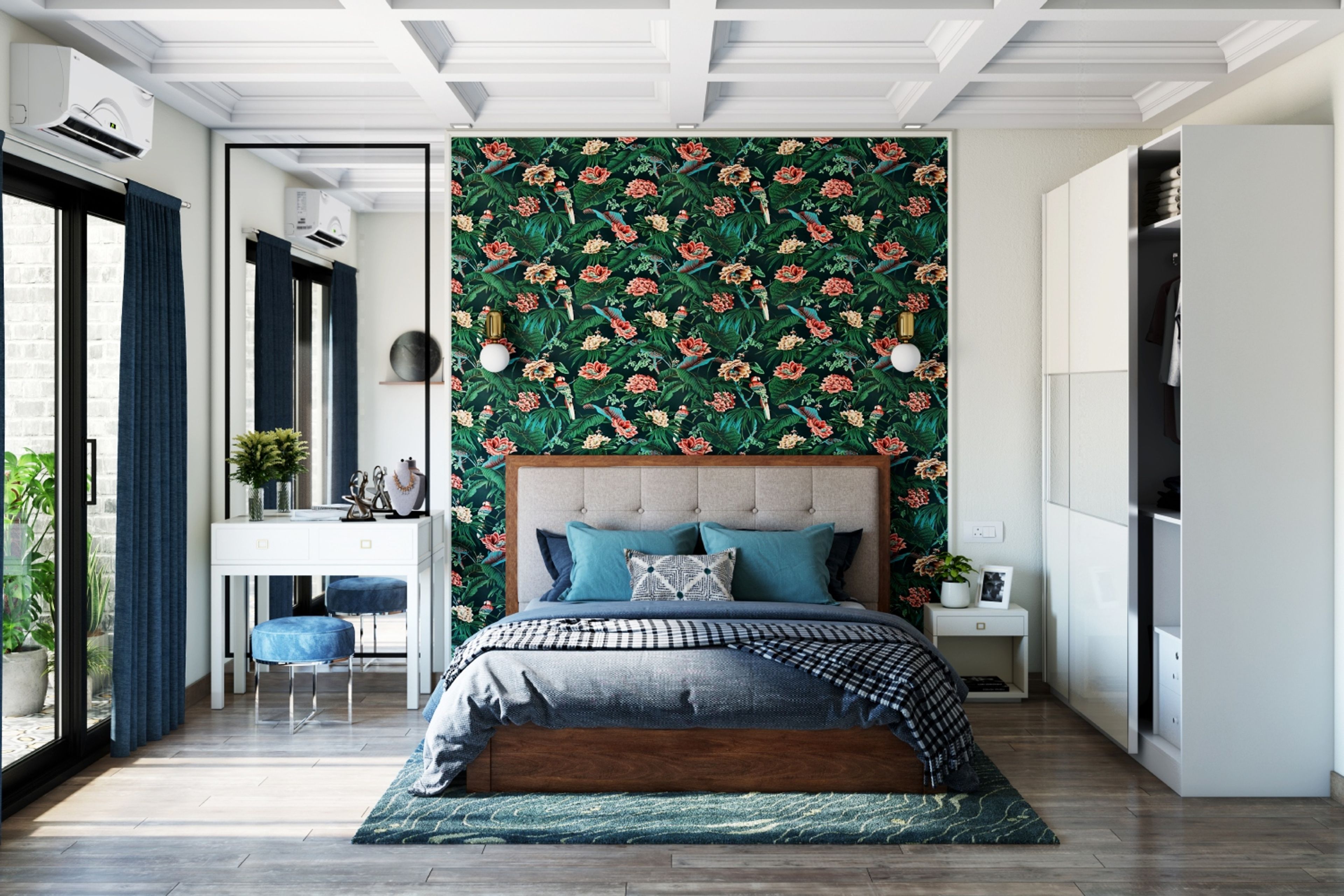 Modern Master Bedroom With Beige Bed And Floral Wallpaper