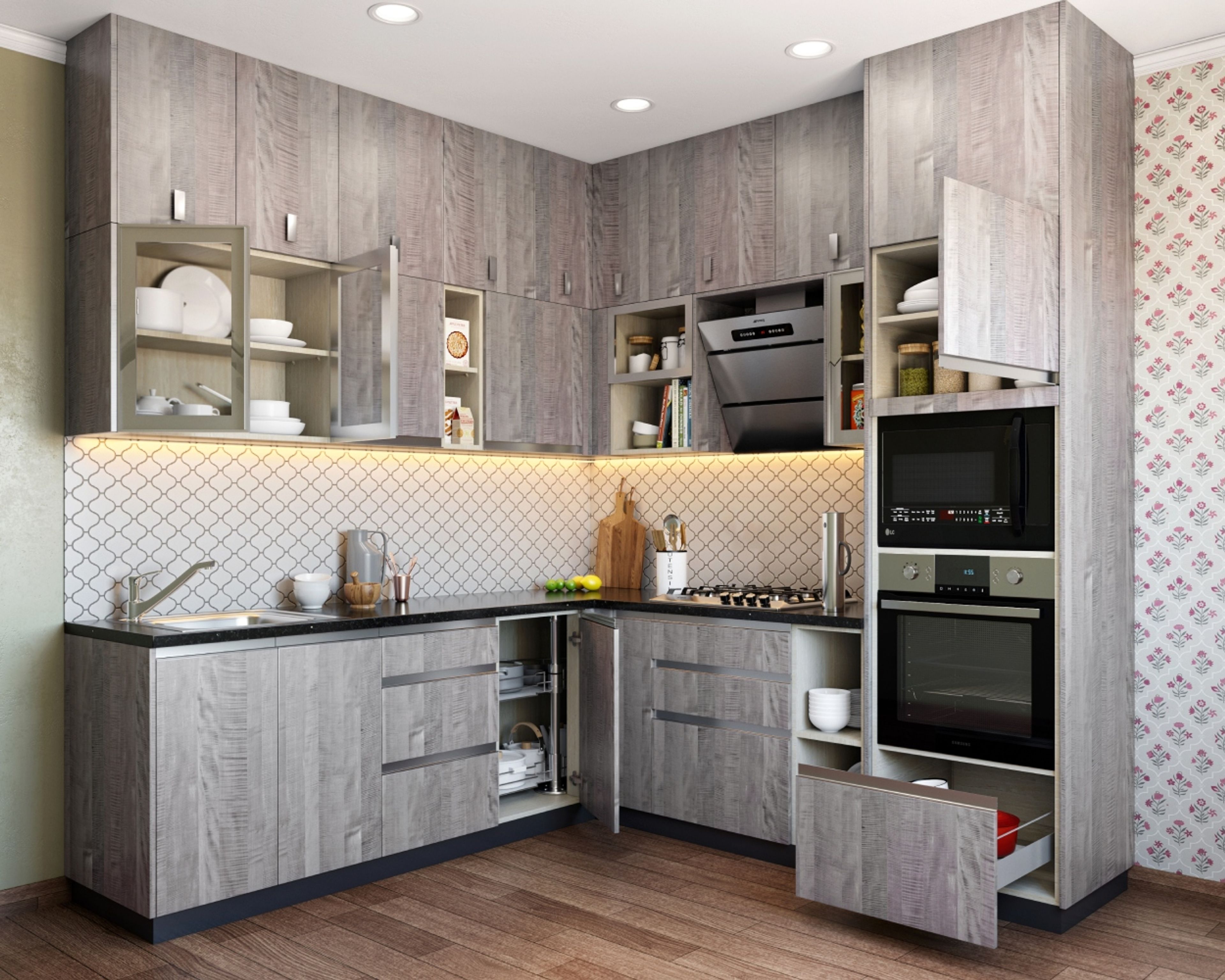 L Shaped Grey Kitchen Design With White Moroccan Dado Tiles And Open Drawers - Livspace