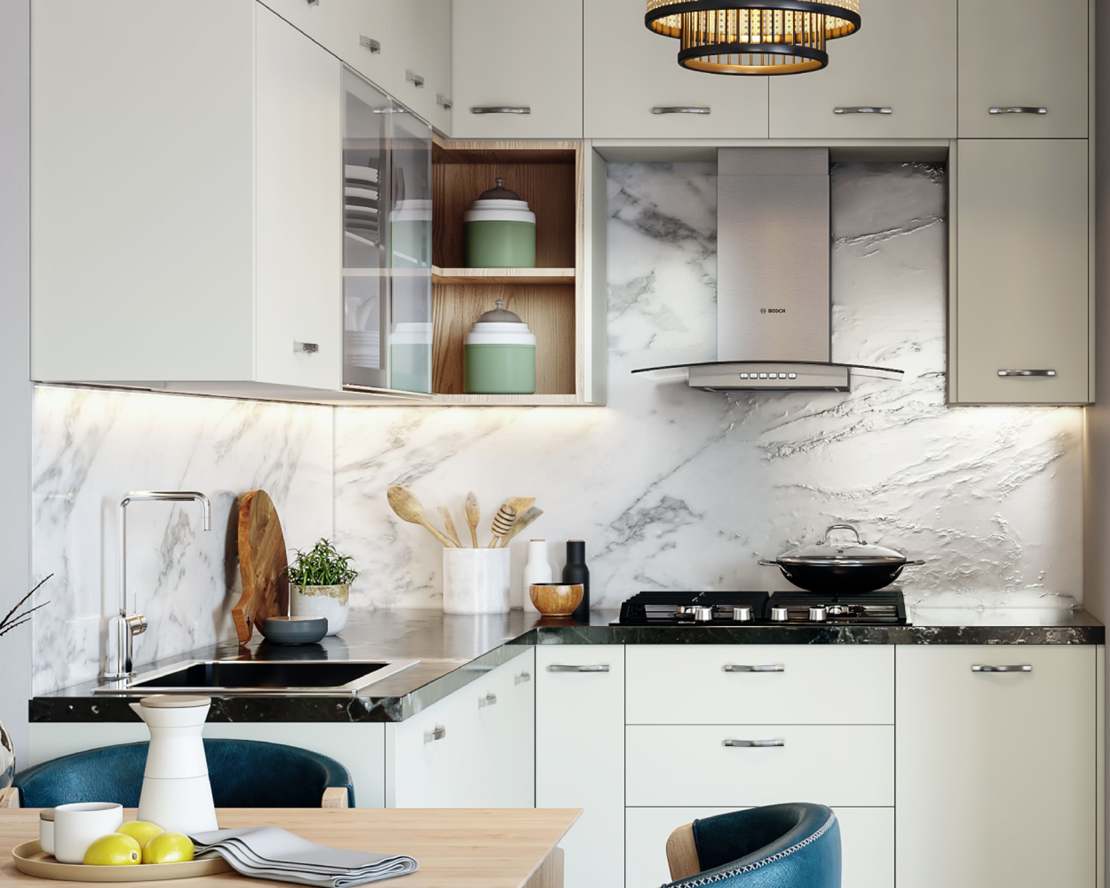 Contemporary White And Grey Marble Kitchen Tile Design