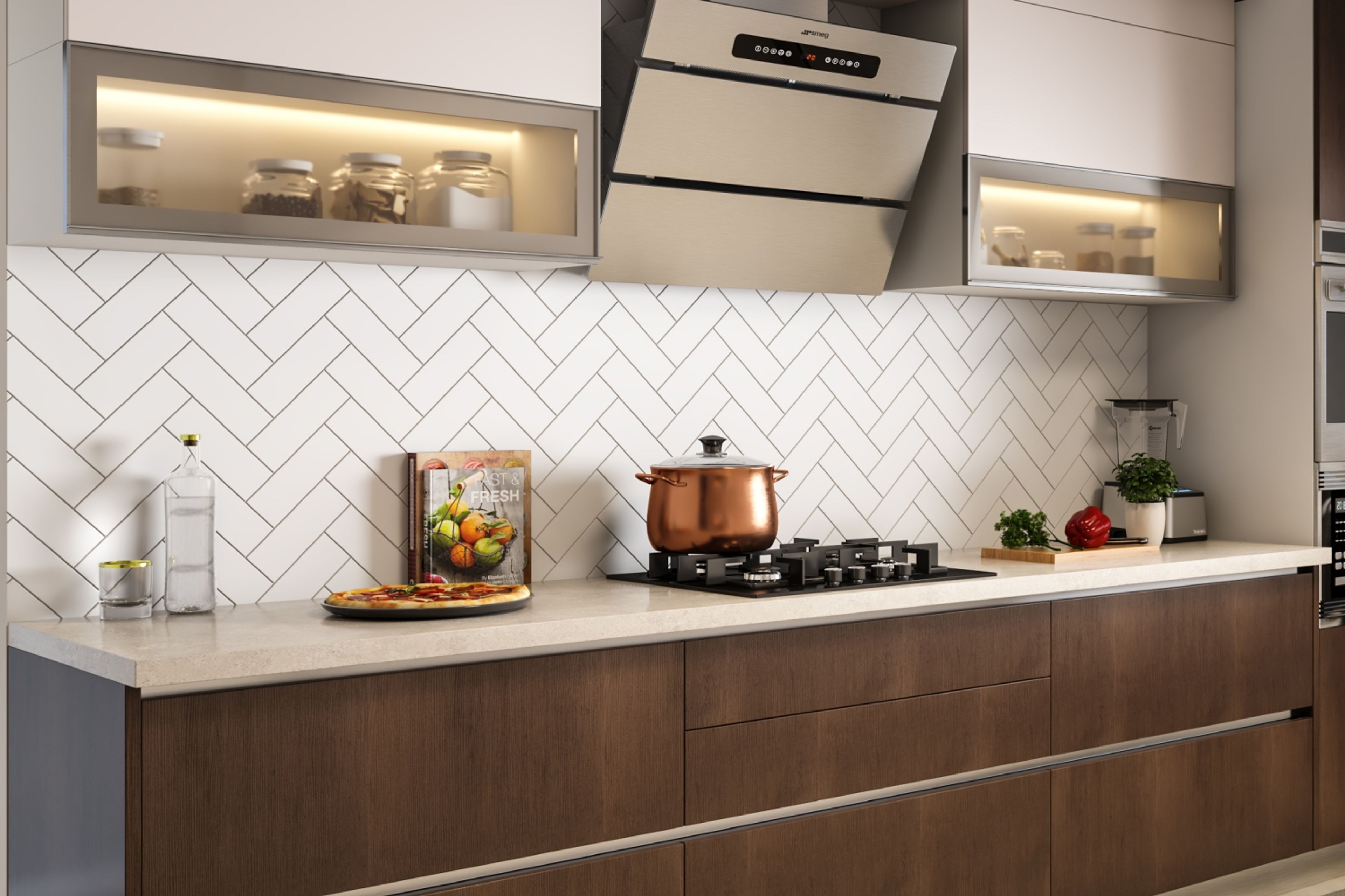 Herringbone White Rectangular Kitchen Tile Design With Brown And White Kitchen Cabinets - Livspace