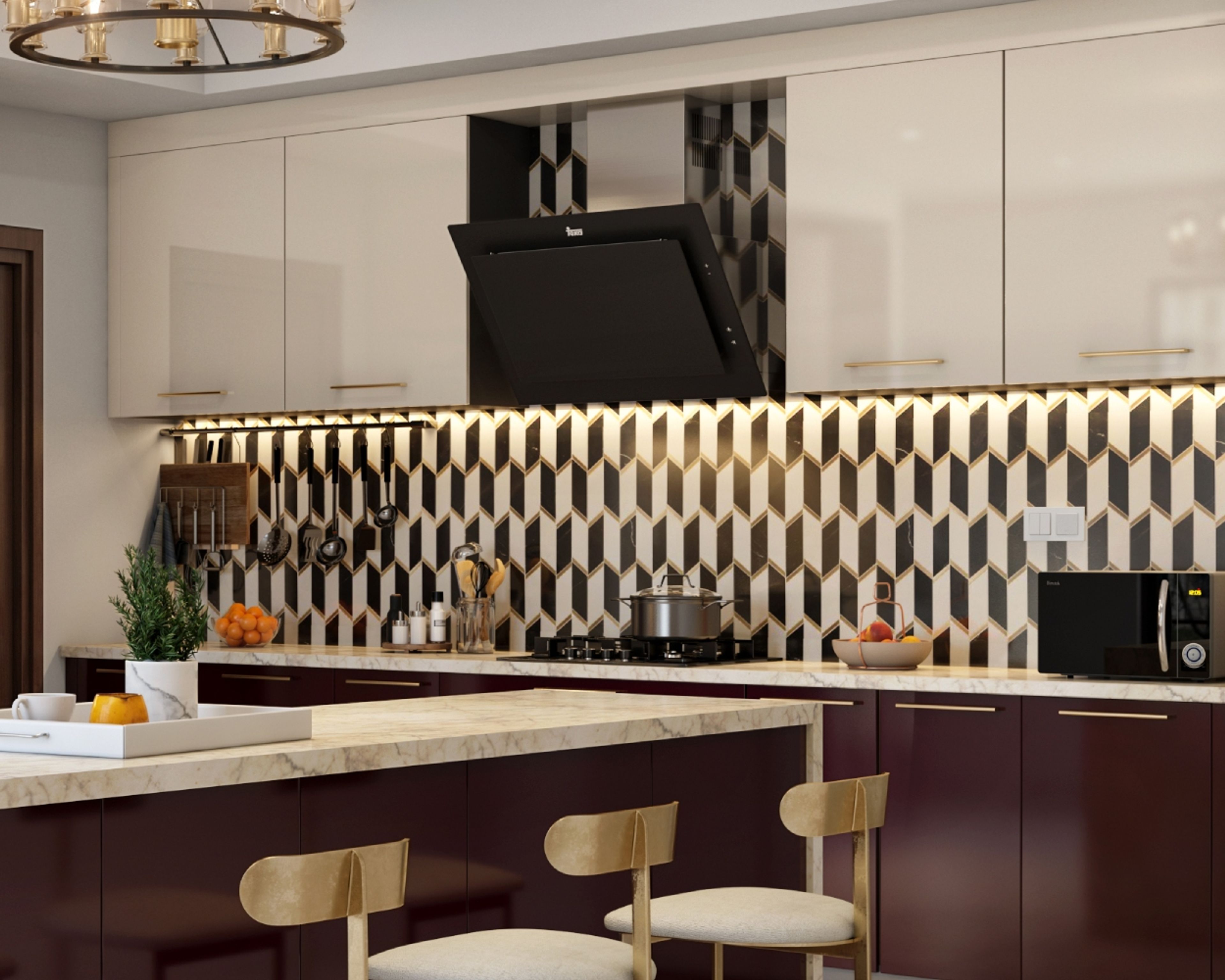 Art Deco Geometric Black And White Kitchen Tile Design